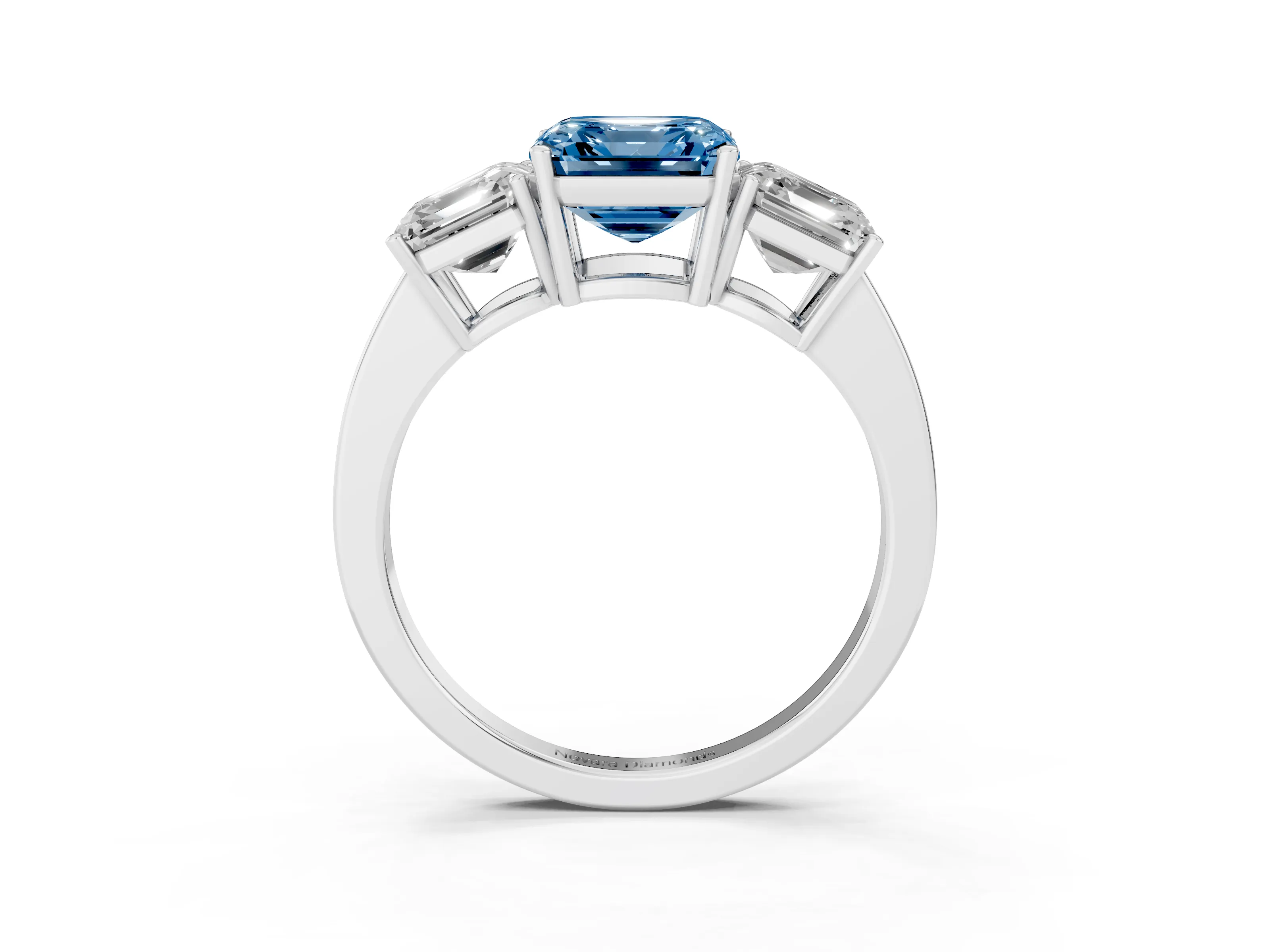 Fancy Blue Asscher Cut Diamond Three-Stone Engagement Ring Set in Platinum with Flat Band