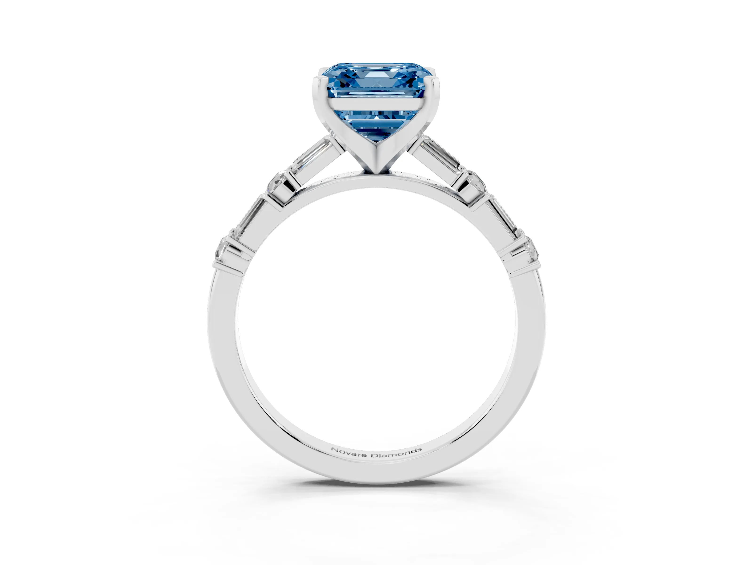 Fancy Blue Asscher Cut Diamond Solitaire Set in Platinum with Side Baguettes and Channel Set Band