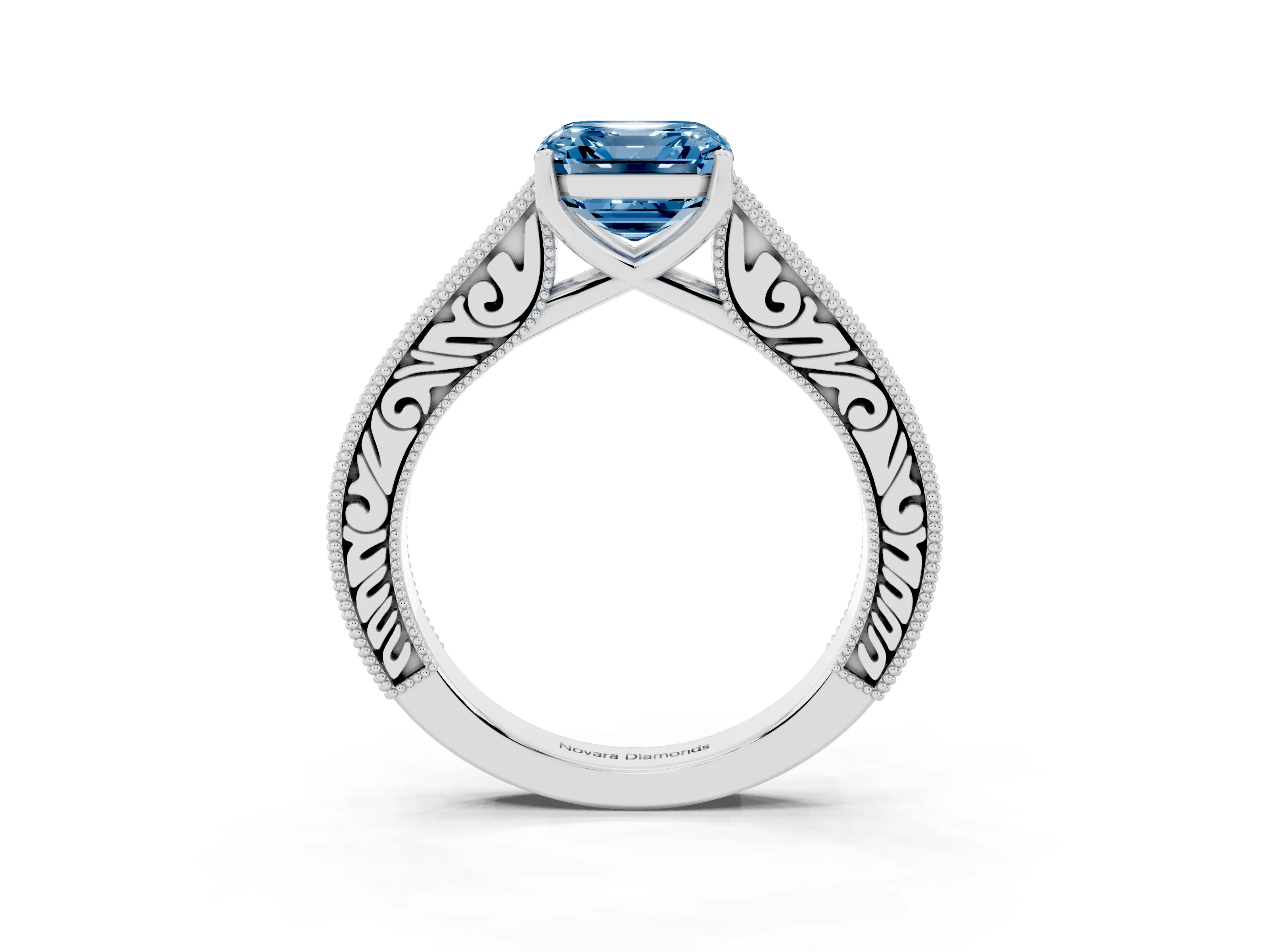 Fancy Blue Asscher Cut Diamond Milgrain Pavé Band Solitaire Ring Set in Platinum with Prong Setting