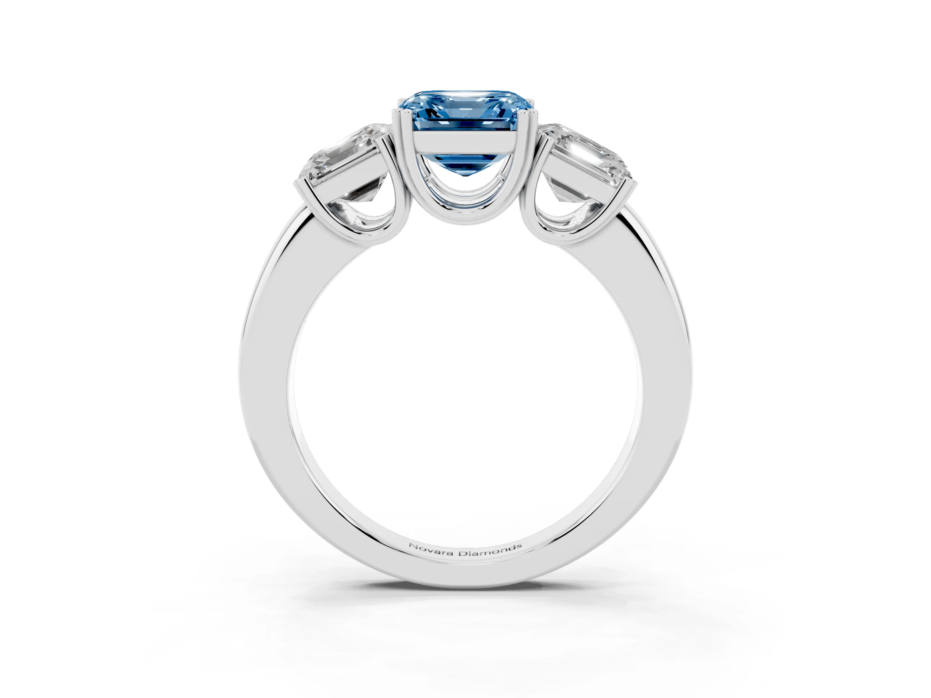Fancy Blue Asscher Cut Diamond Three-Stone Ring Set in Silver with Polished Band and Prong Setting