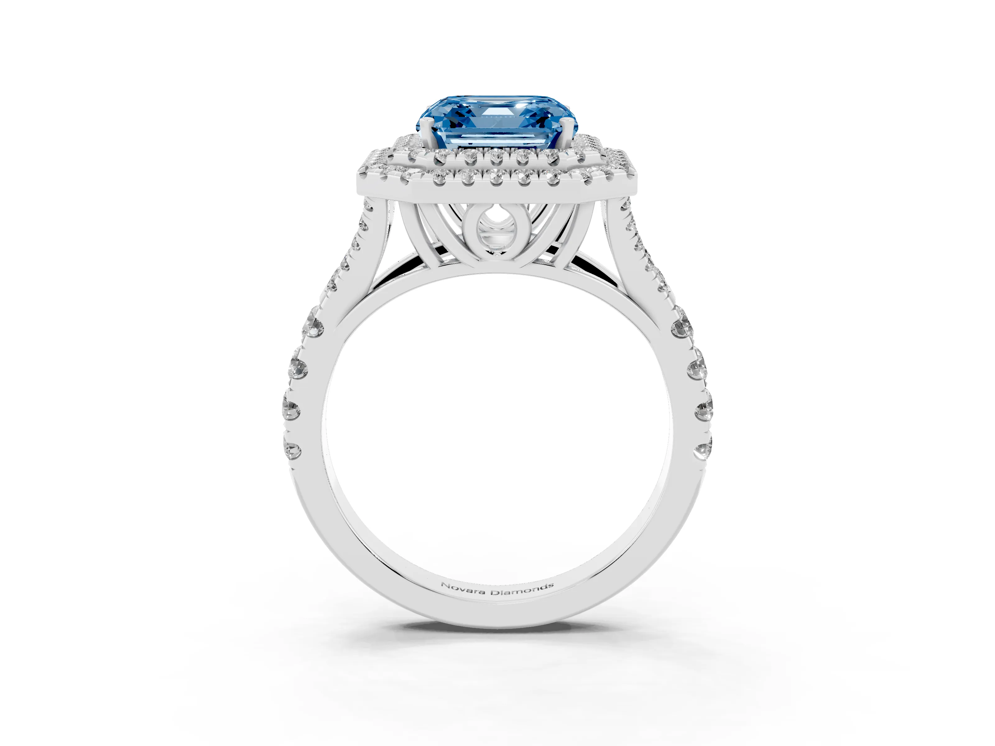 Fancy Blue Asscher Cut Diamond Pavé Split Shank Double Halo Engagement Ring Set in Platinum