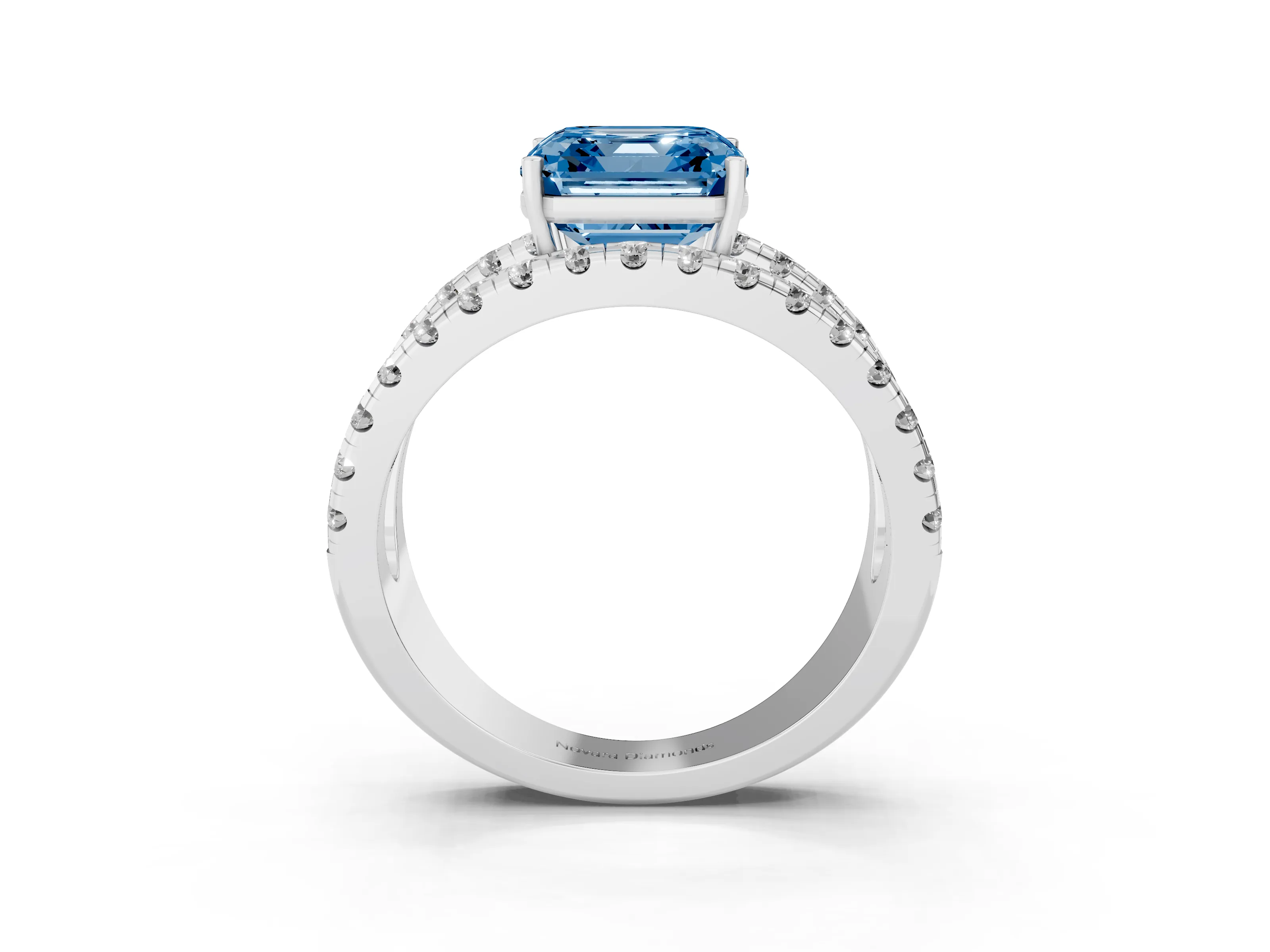 Fancy Blue Asscher Cut Diamond Split Shank Pavé Solitaire Ring Set in Silver with Open Shank Design