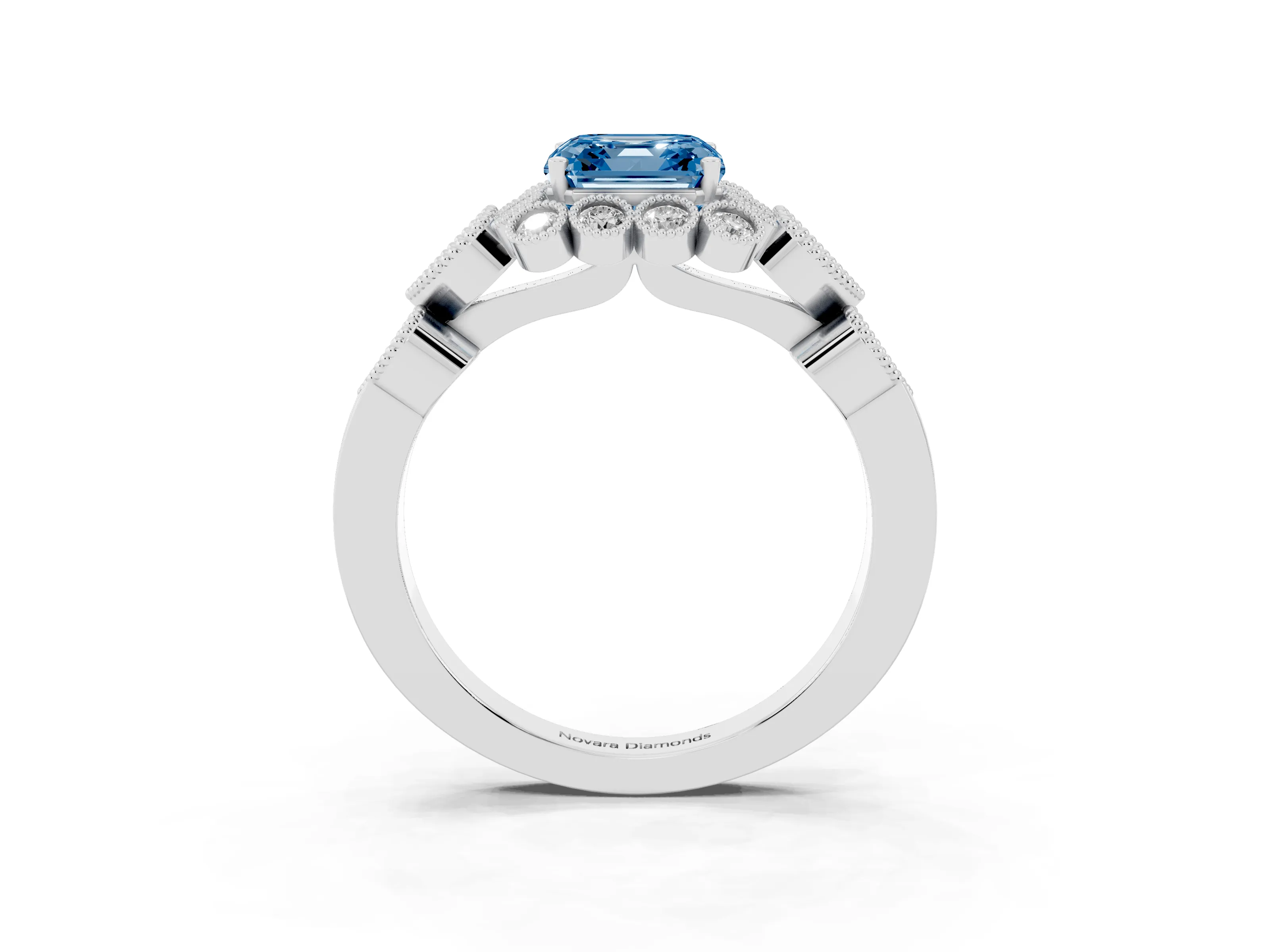 Fancy Blue Asscher Cut Diamond Solitaire Ring Set in Platinum with Milgrain Pavé Heart Band