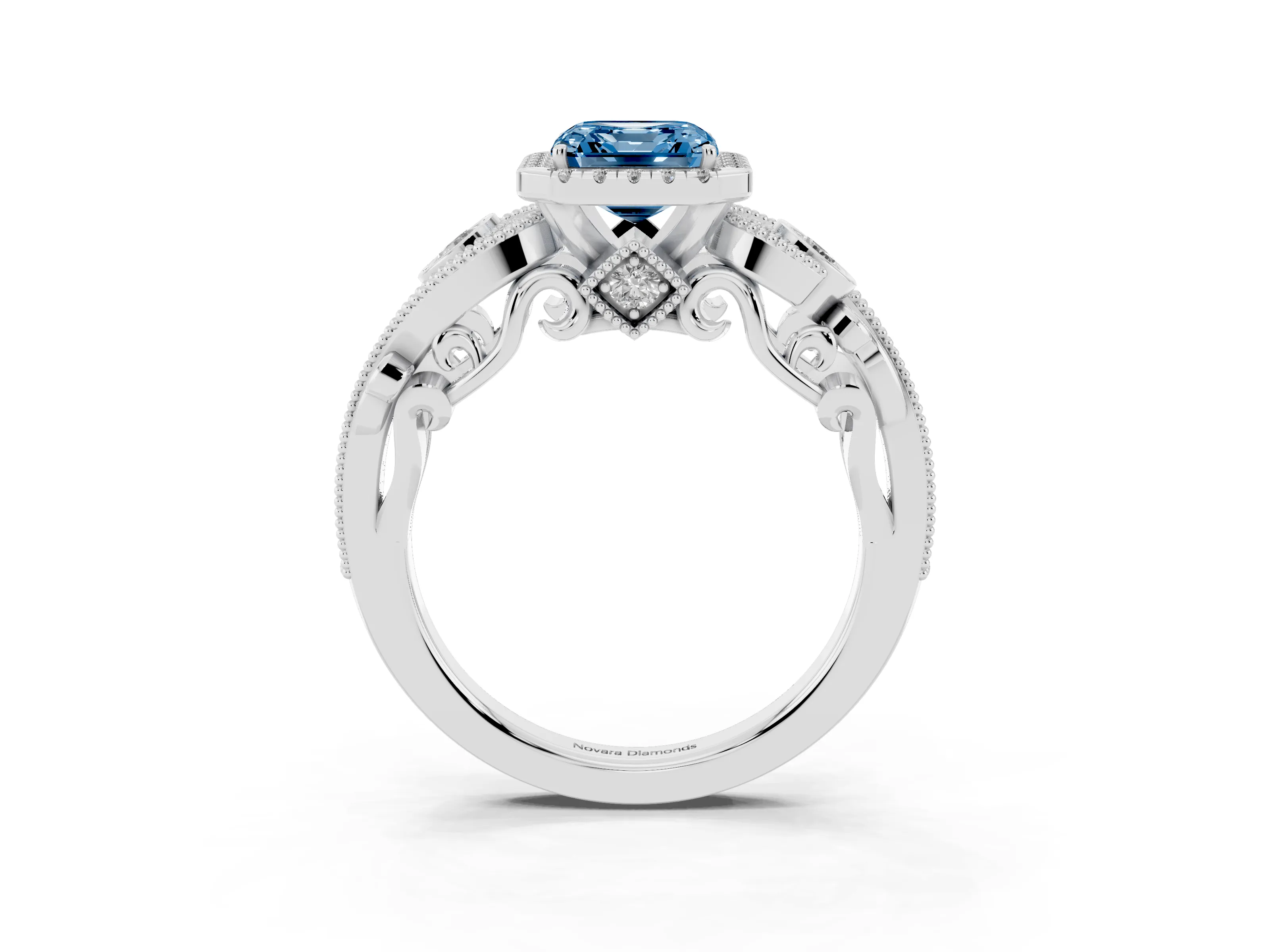 Fancy Blue Asscher Cut Diamond Halo Ring Set in Silver with Milgrain Pavé Band and Prong Setting