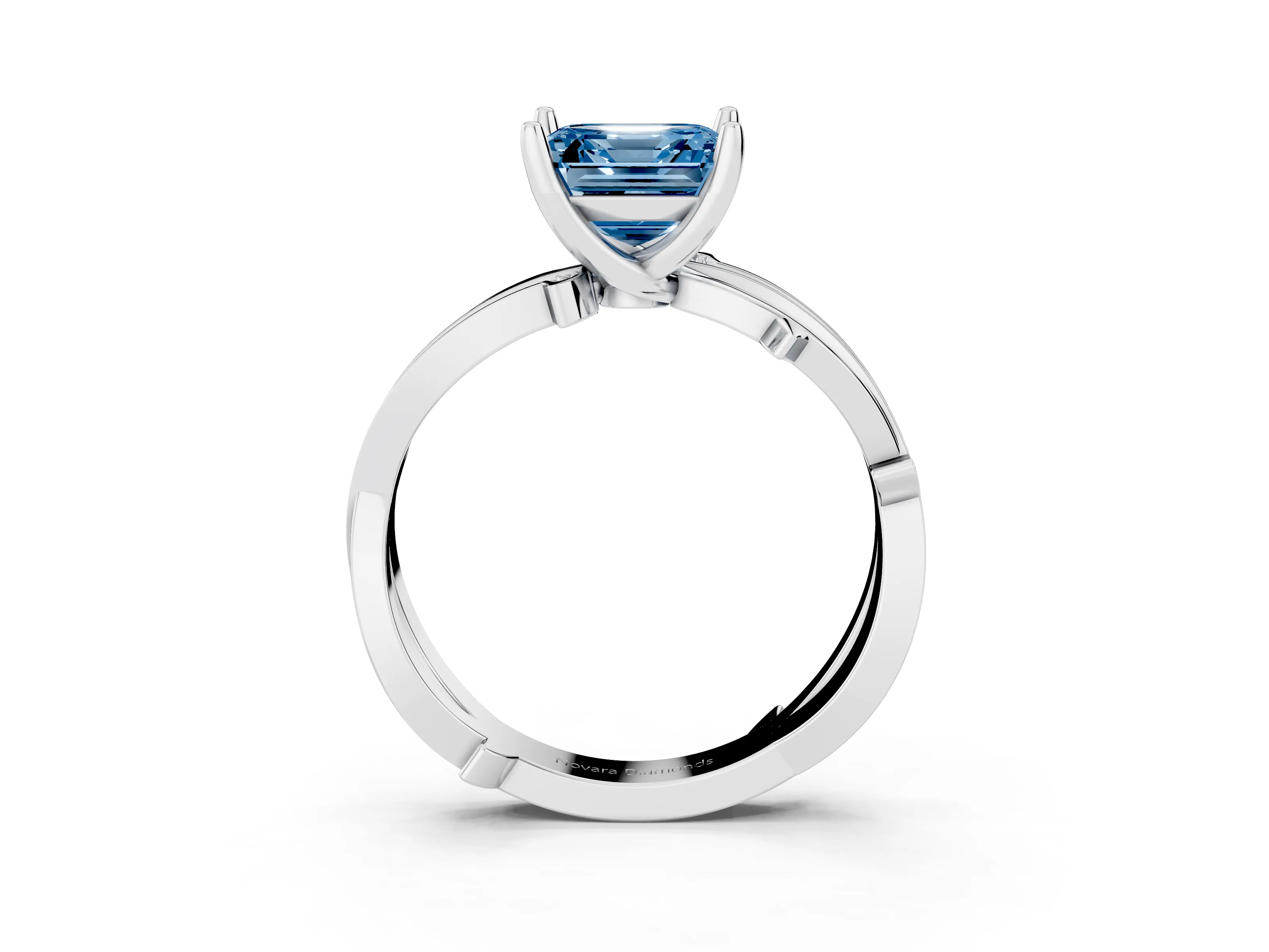 Fancy Blue Asscher Cut Diamond Pavé Twist Band Solitaire Ring Set in White gold with Prong Setting