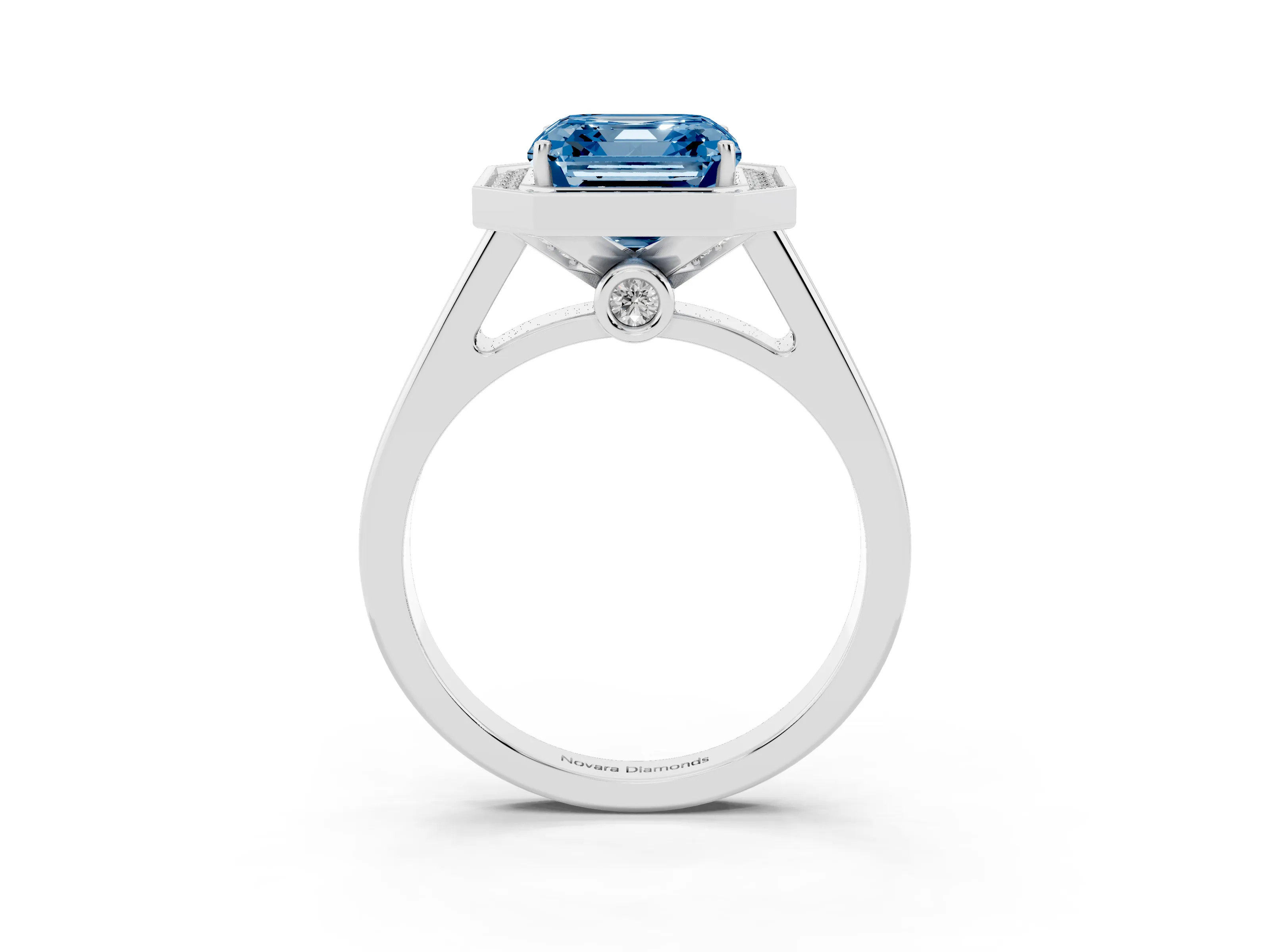 Fancy Blue Asscher Cut Diamond Halo Solitaire Ring Set in White gold with Pavé Band and Bezel Setting
