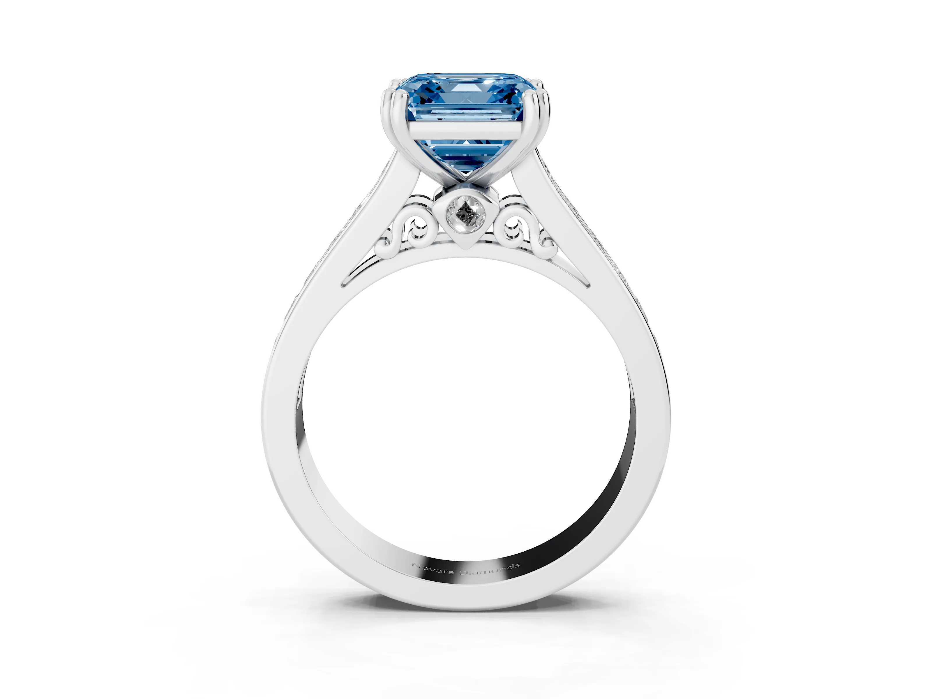 Fancy Blue Asscher Cut Diamond Channel Set Solitaire Engagement Ring Set in White gold with Prong Setting