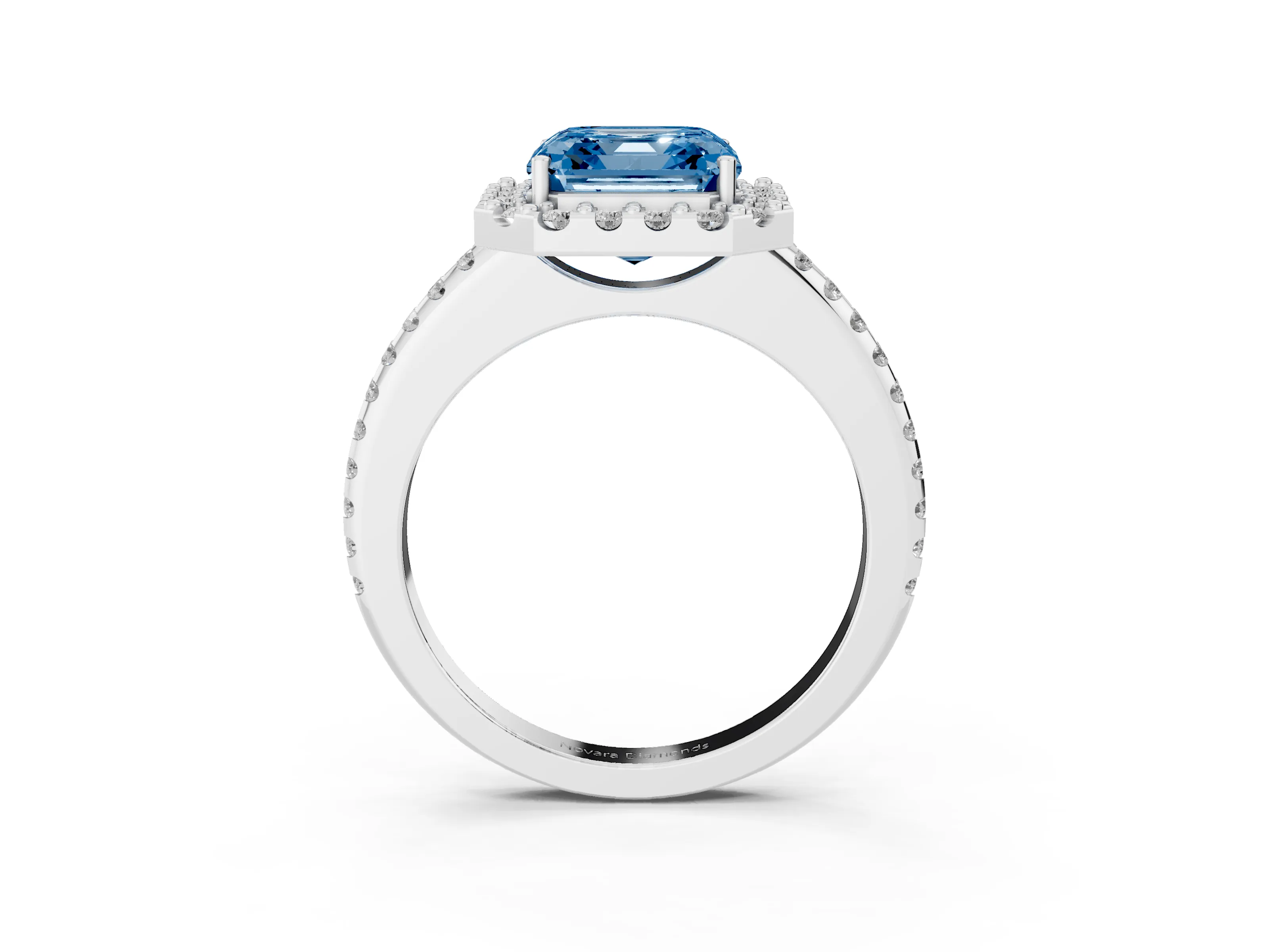Fancy Blue Asscher Cut Diamond Pavé Halo Ring Set in White gold with Prong Setting
