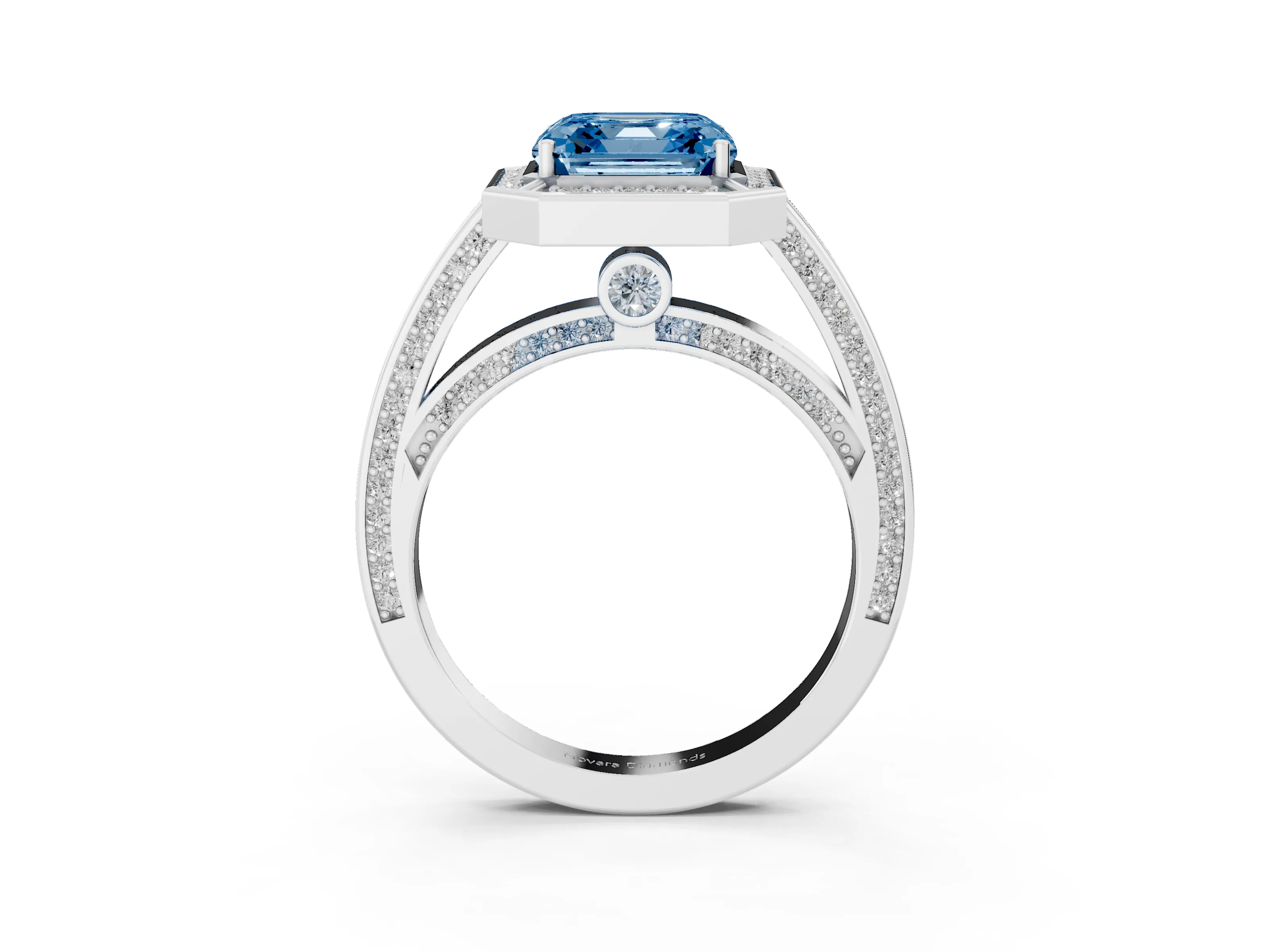 Fancy Blue Asscher Cut Diamond Halo Pavé Split Shank Ring Set in White gold with Prong Setting