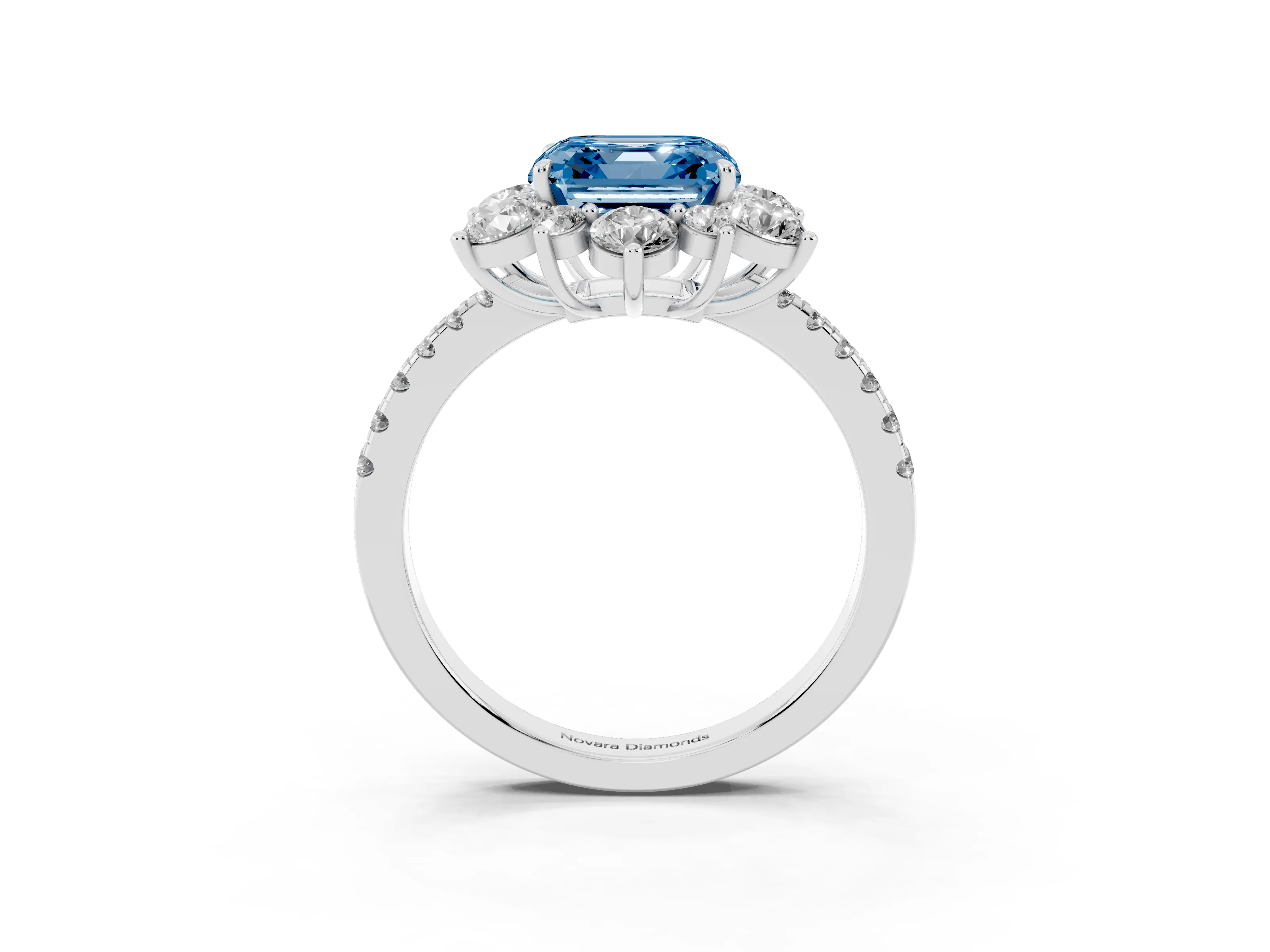 Fancy Blue Asscher Cut Diamond Floral Halo Ring Set in White gold with Round Pavé Band and Prong Setting