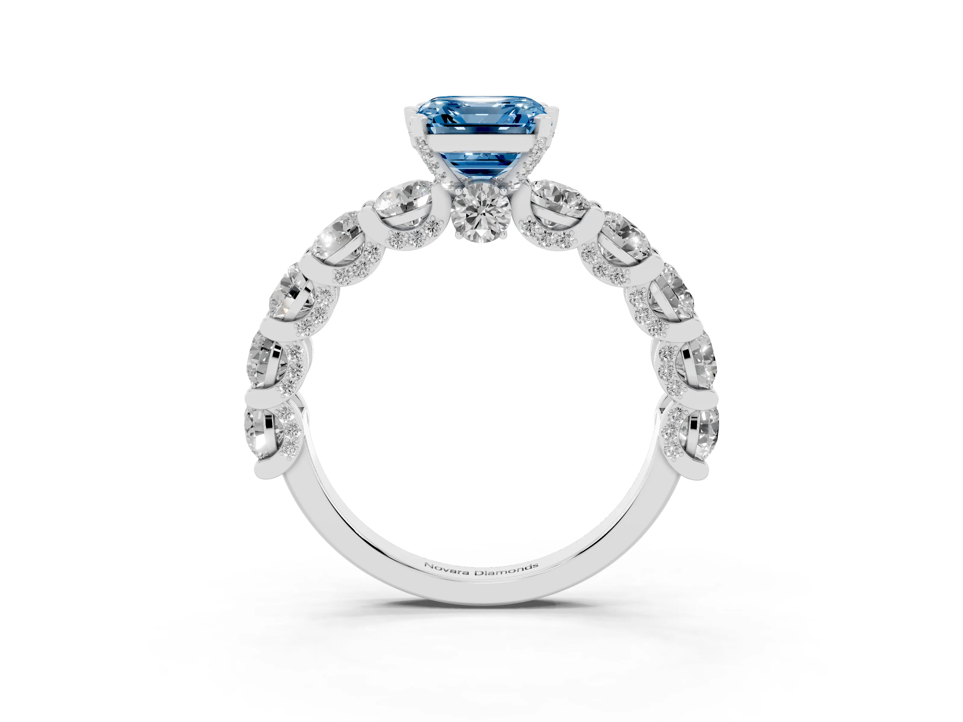 Fancy Blue Asscher Cut Diamond Side Stone Ring Set in Silver with Alternating Round and Oval Side Stones