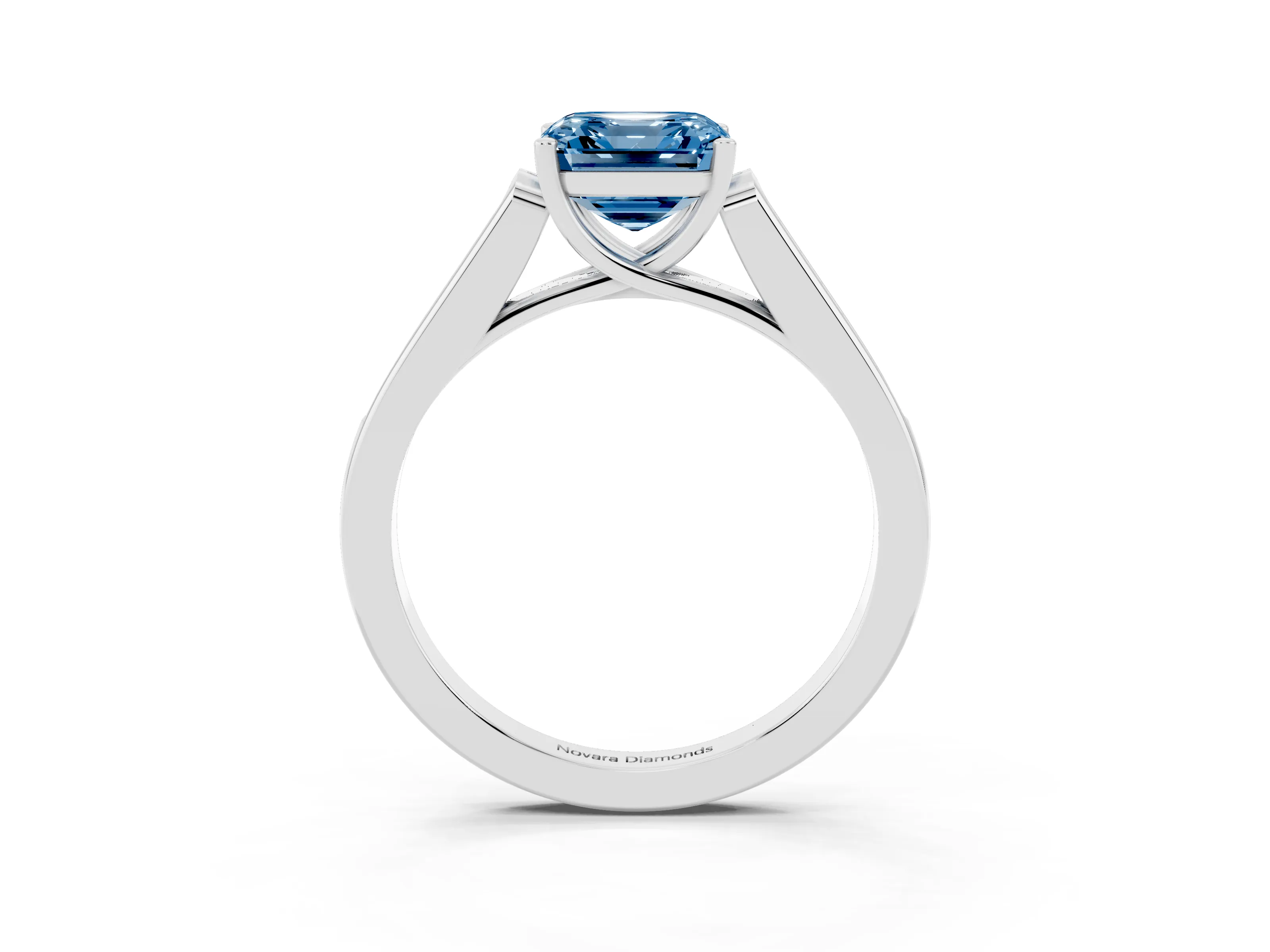 Fancy Blue Asscher Cut Diamond Solitaire Cathedral Engagement Ring Set in White gold with Channel-Set Band and Prong Setting