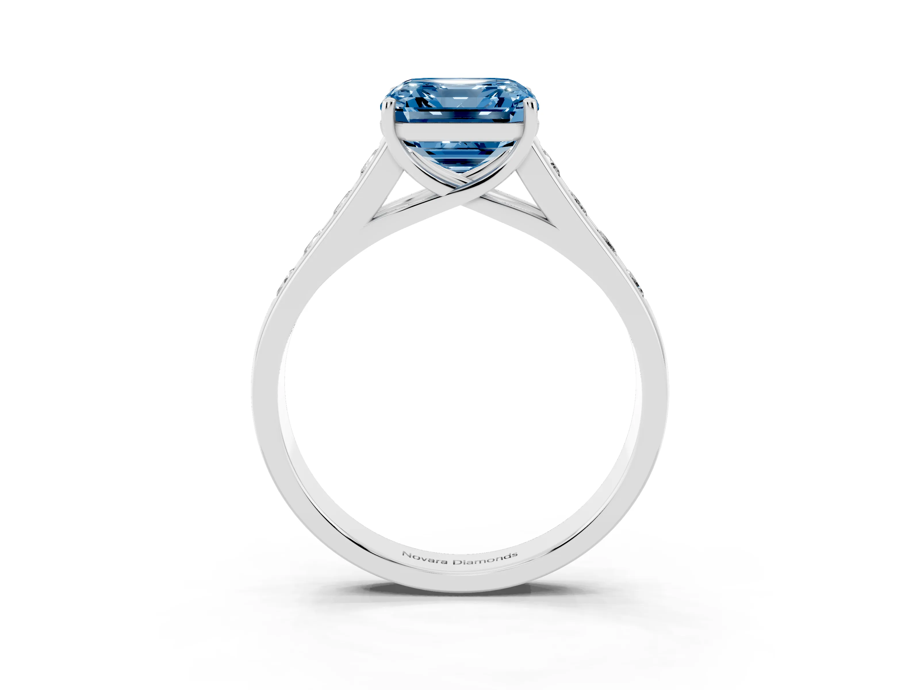 Fancy Blue Asscher Cut Diamond Brilliant Channel-Set Solitaire Ring Set in Platinum with Prong Setting