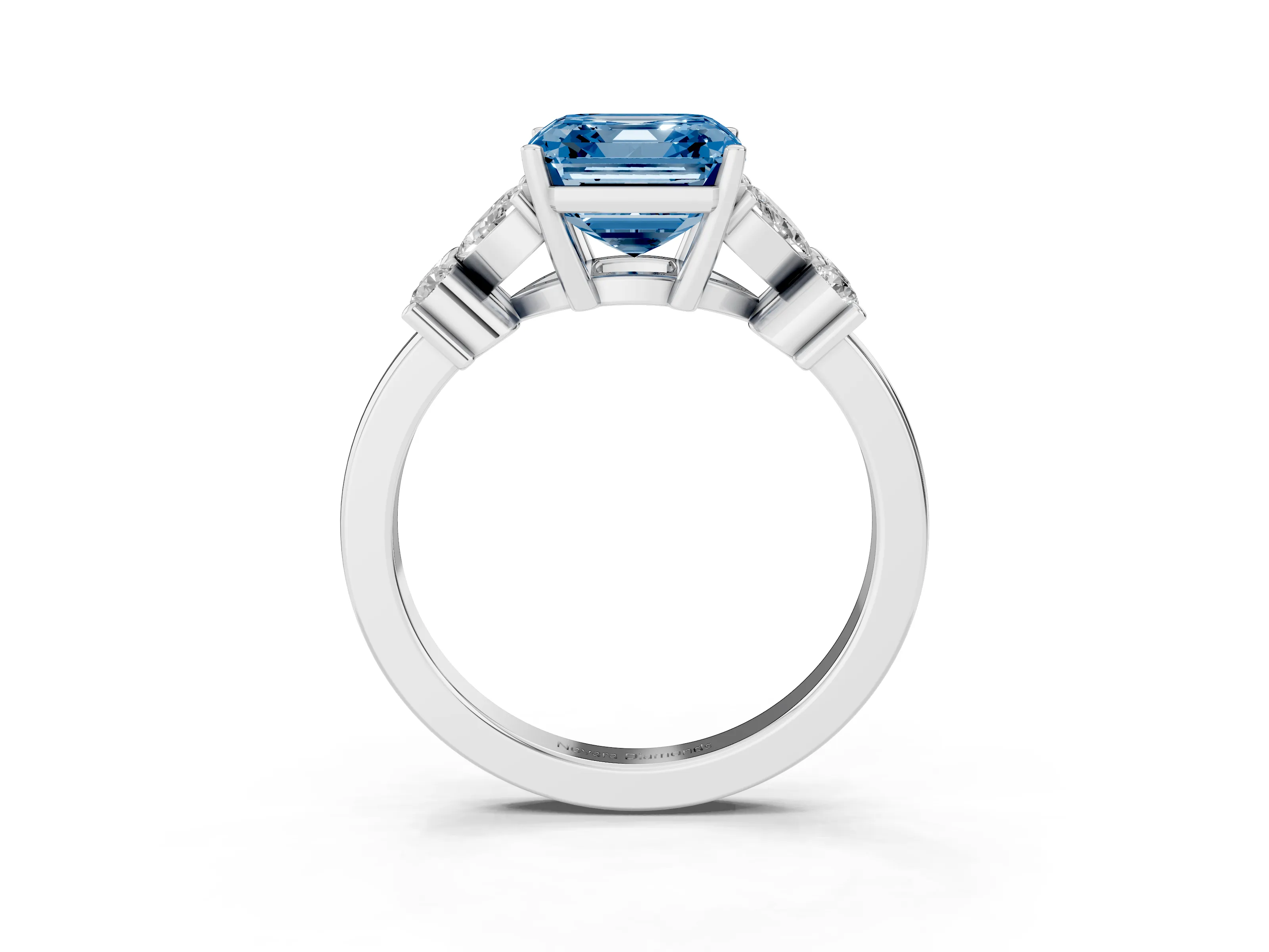 Fancy Blue Asscher Cut Diamond Floral Cluster Ring Set in Platinum with Marquise Petals and Prong Setting