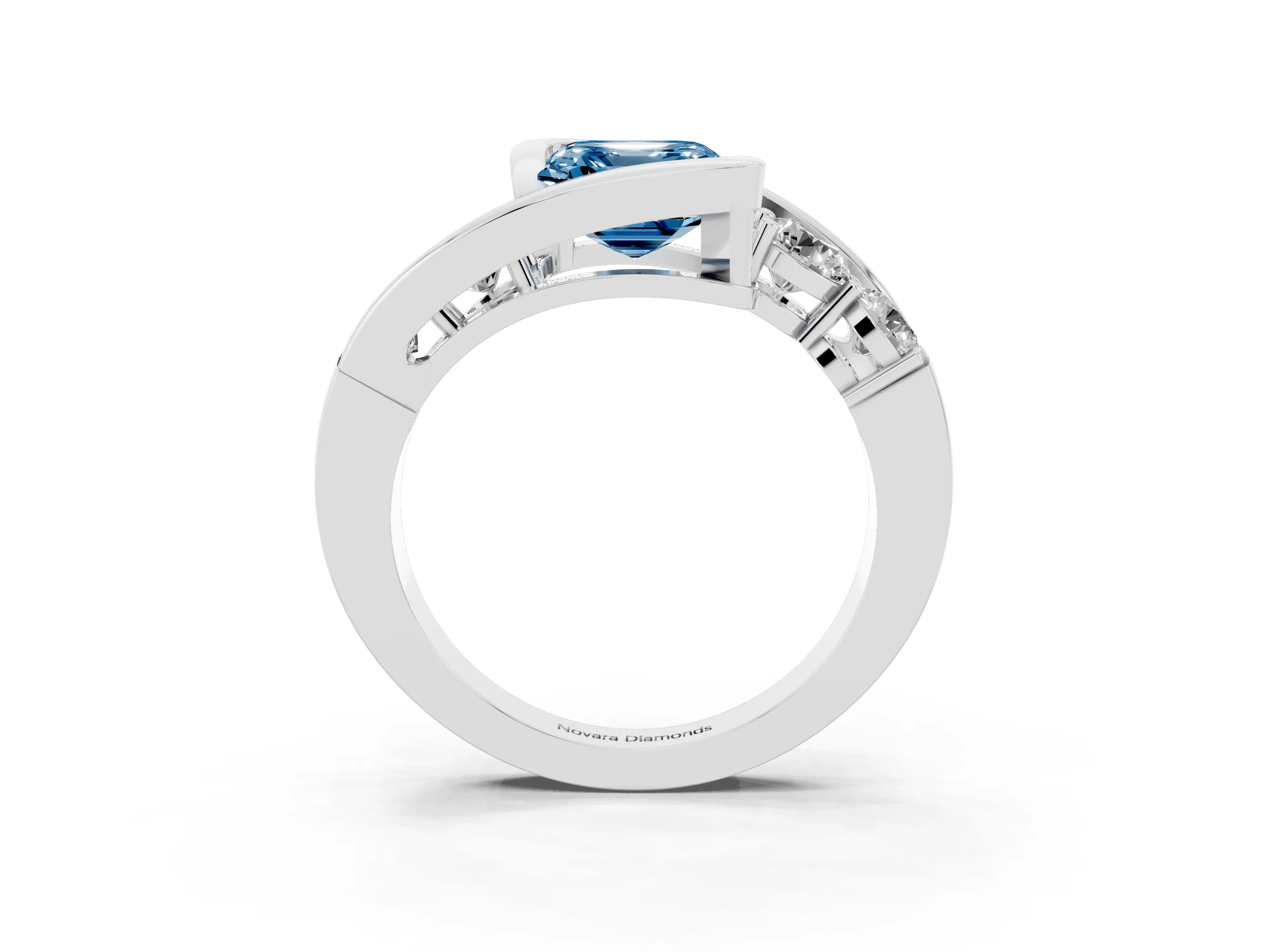Fancy Blue Asscher Cut Diamond Bezel Bypass Ring Set in Silver with Round Accents