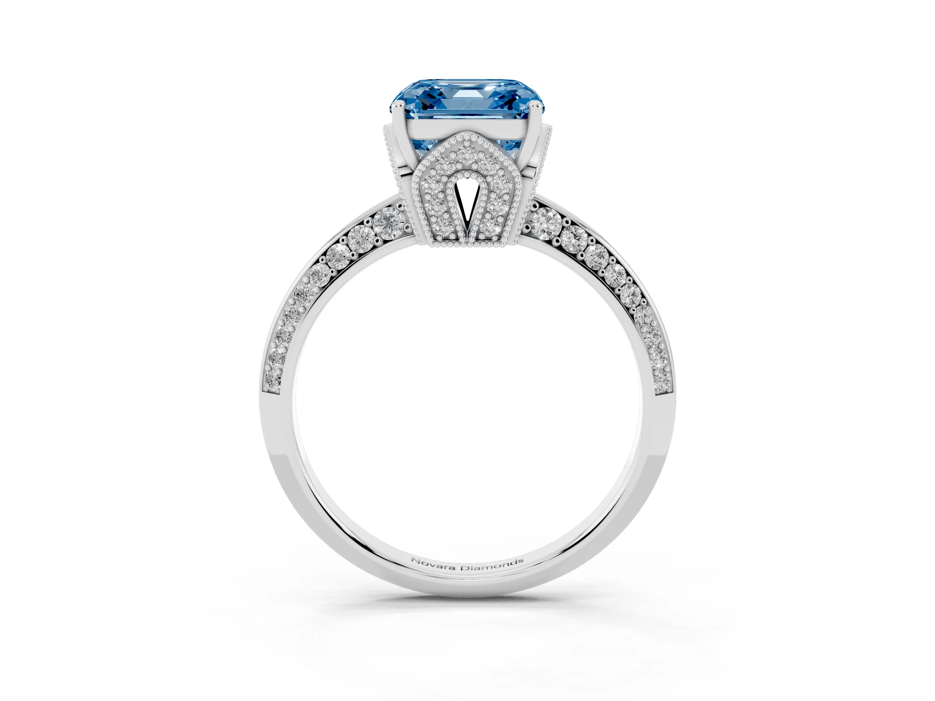 Fancy Blue Asscher Cut Diamond Solitaire Engagement Ring Set in Platinum with Pavé Split Shank and Prong Setting