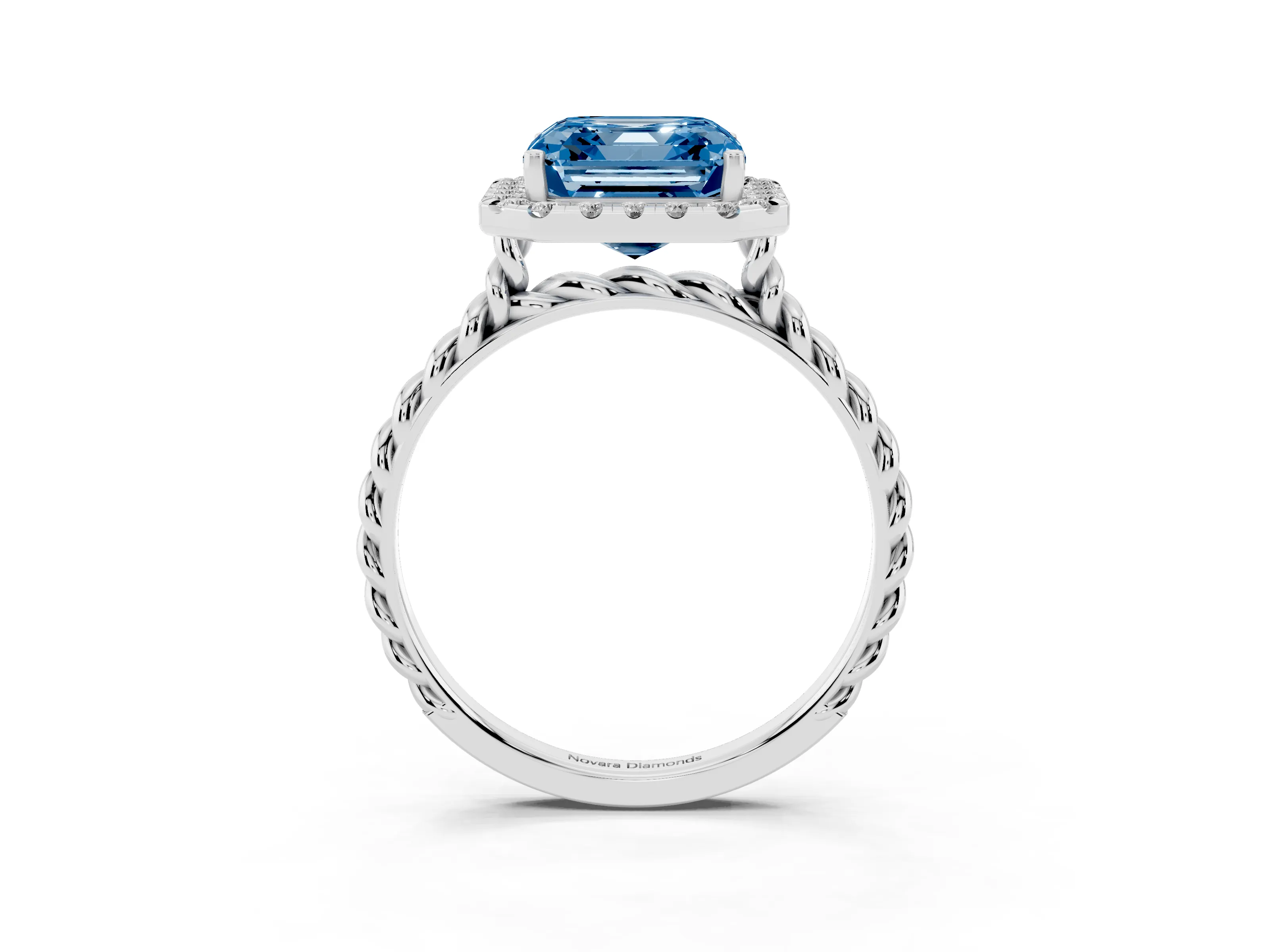 Fancy Blue Asscher Cut Diamond Halo Ring Set in Silver with Plain Twisted Band