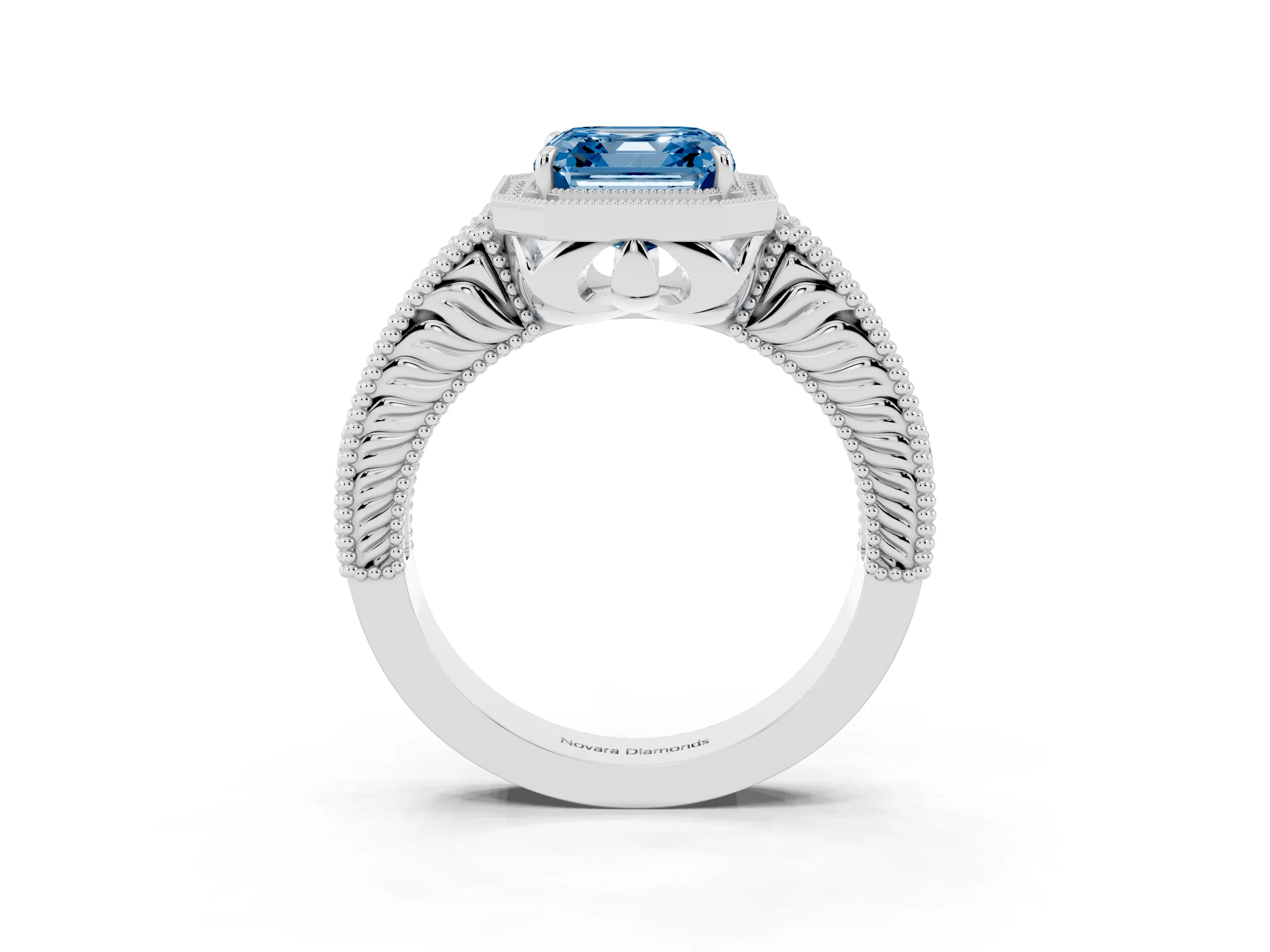 Fancy Blue Asscher Cut Diamond Halo Ring Set in White gold with Round Accent Halo, Pavé Band and Prong Setting