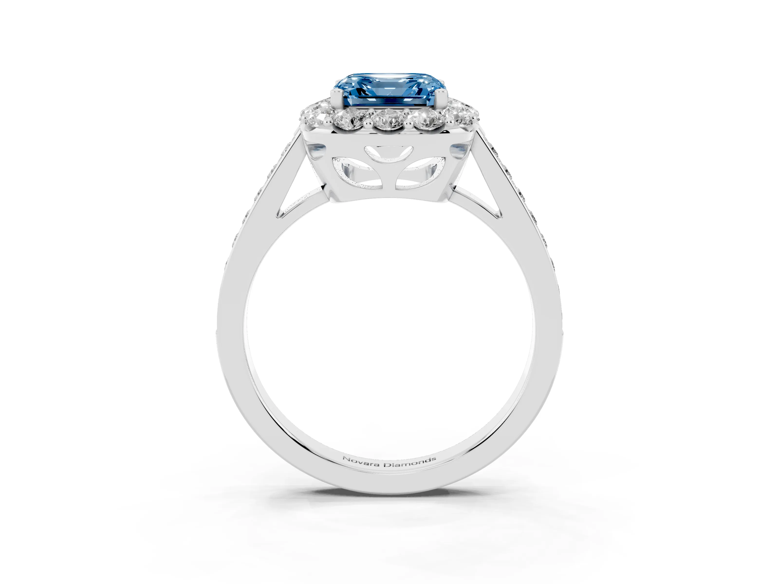 Fancy Blue Asscher Cut Diamond Floral Halo Ring Set in Silver with Pavé Band and Prong Setting