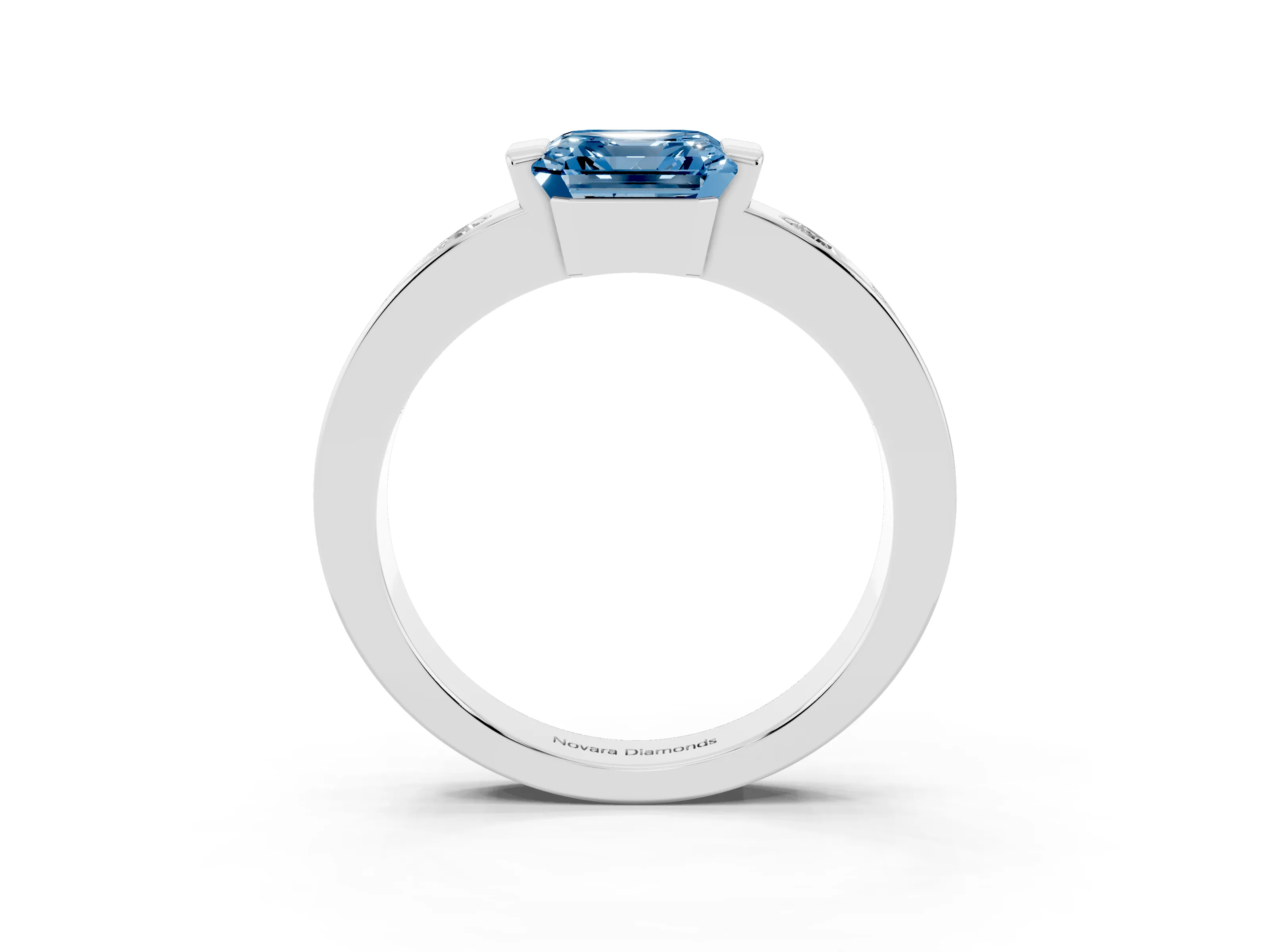 Fancy Blue Asscher Cut Diamond Channel-Set Band Ring Set in White gold with Bezel Prong Setting