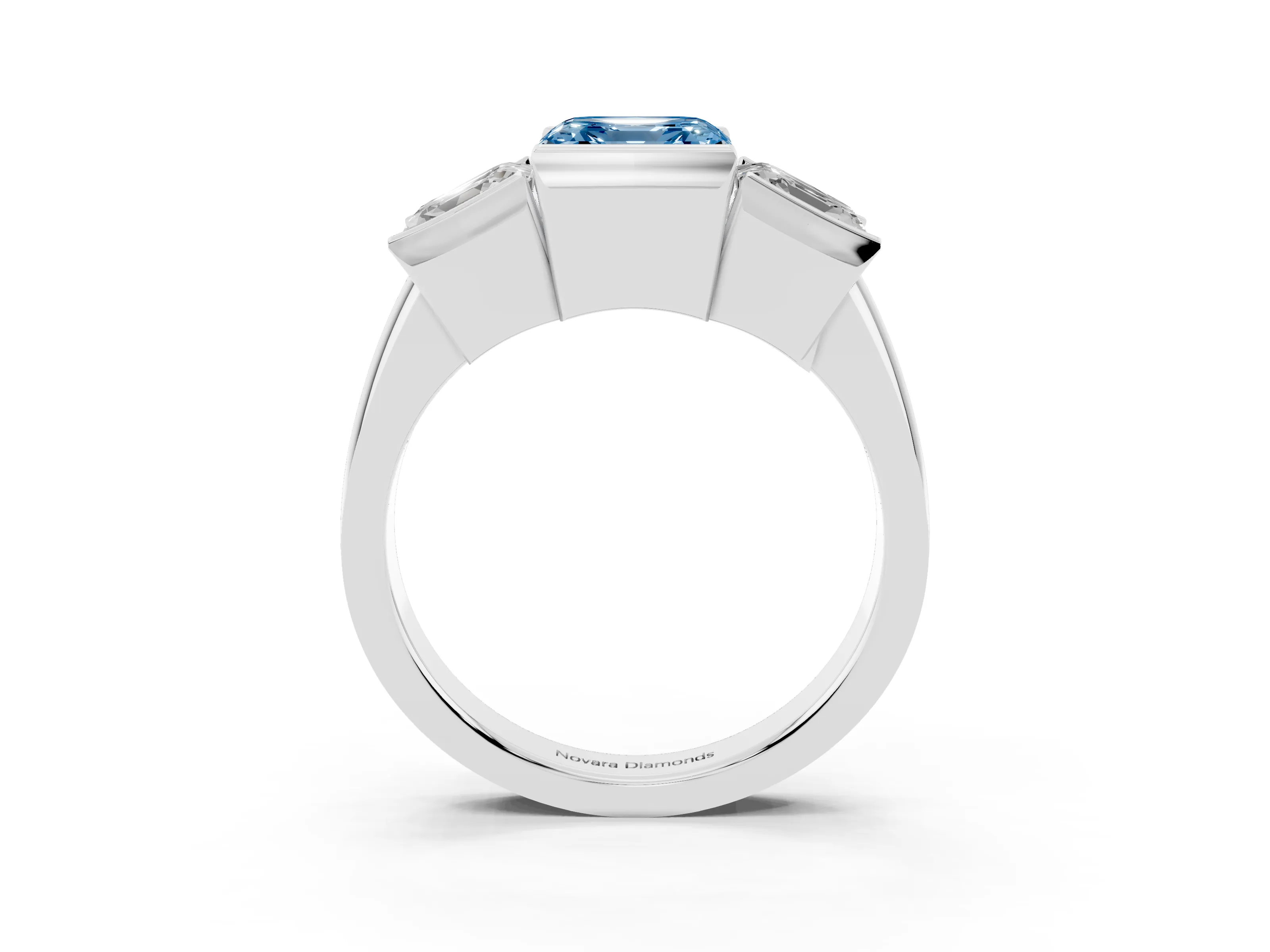 Fancy Blue Asscher Cut Diamond Three-Stone Channel Set Ring Set in White gold with Smooth Polished Band