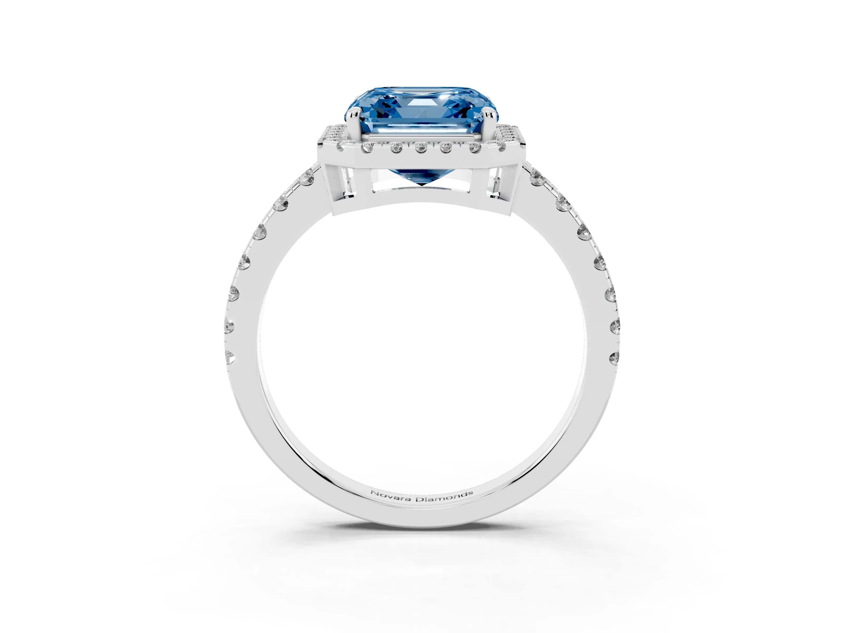 Fancy Blue Asscher Cut Diamond Halo Ring Set in Platinum with Delicate Pavé Band and Prong Setting