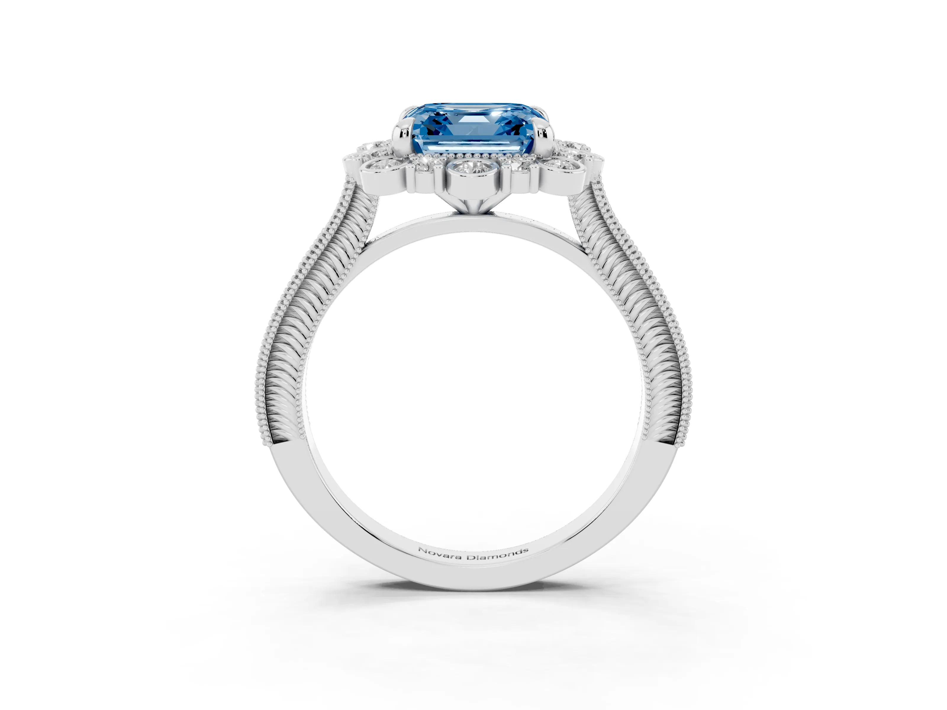 Fancy Blue Asscher Cut Diamond Halo Milgrain Pavé Ring Set in Silver with Prong Setting