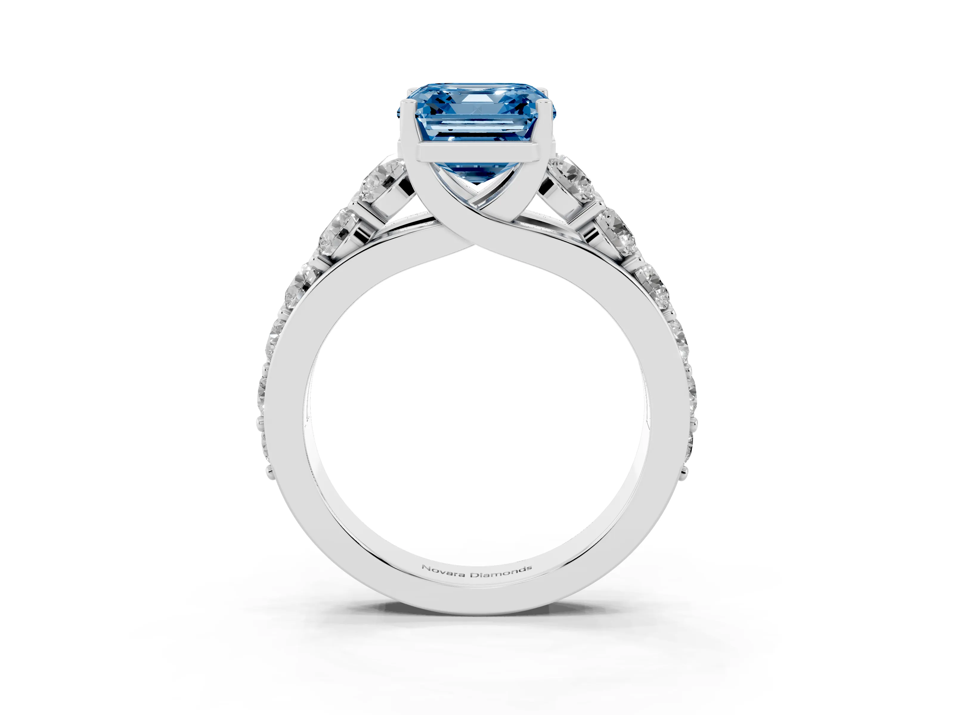 Fancy Blue Asscher Cut Diamond Pavé Engagement Ring Set in Platinum with Prong Setting
