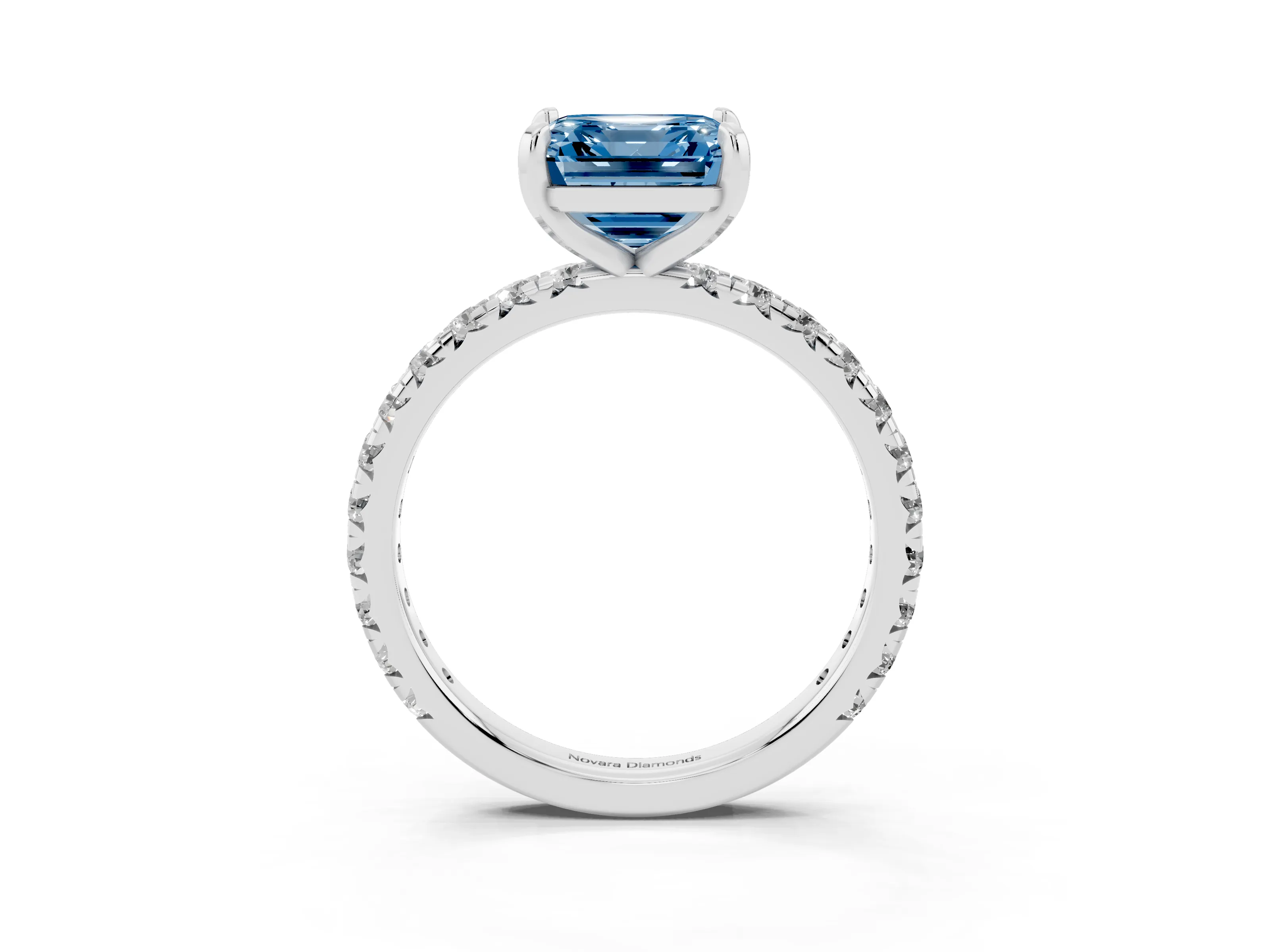 Fancy Blue Asscher Cut Diamond Pavé Solitaire Ring Set in Silver with Round Band and Prong Setting