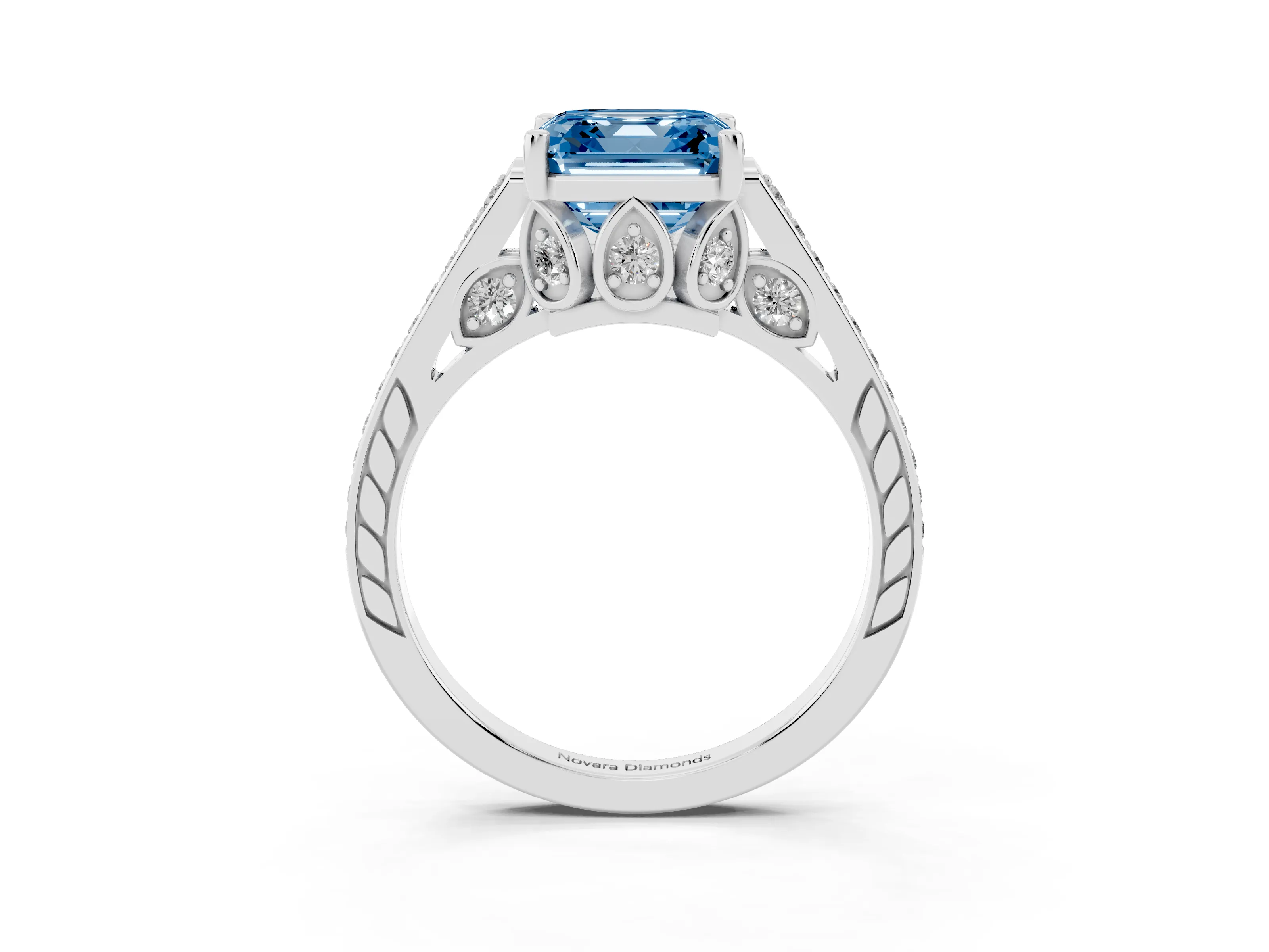 Fancy Blue Asscher Cut Diamond Cathedral Pavé Engagement Ring Set in Silver with Prong Setting