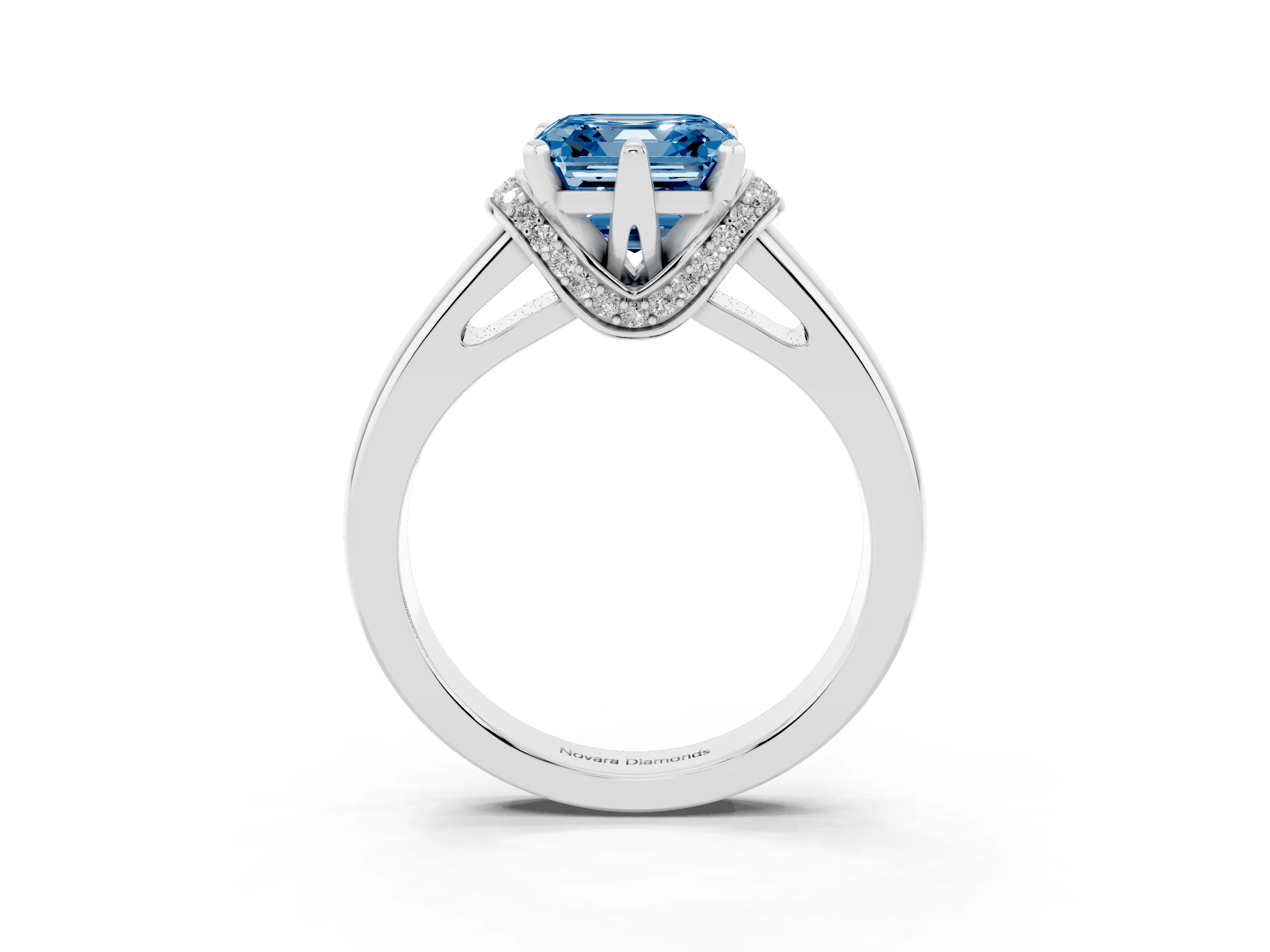 Fancy Blue Asscher Cut Diamond Pavé Band Solitaire Ring Set in Silver with Prong Setting