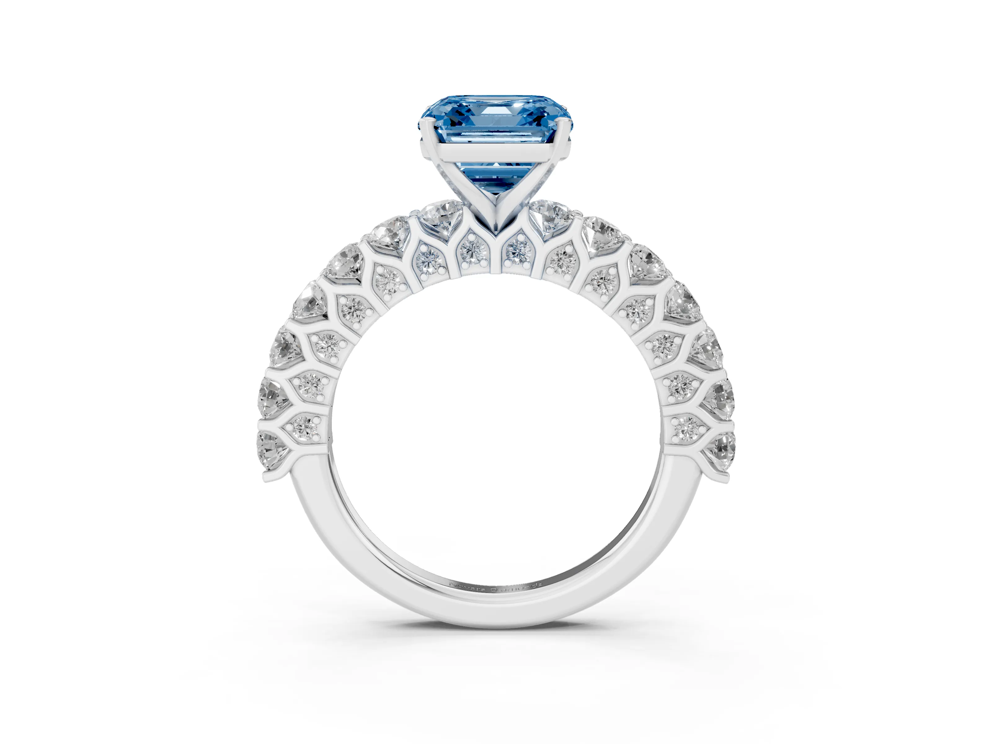 Fancy Blue Asscher Cut Diamond Solitaire Ring Set in Silver with Shared Prong Pavé Band
