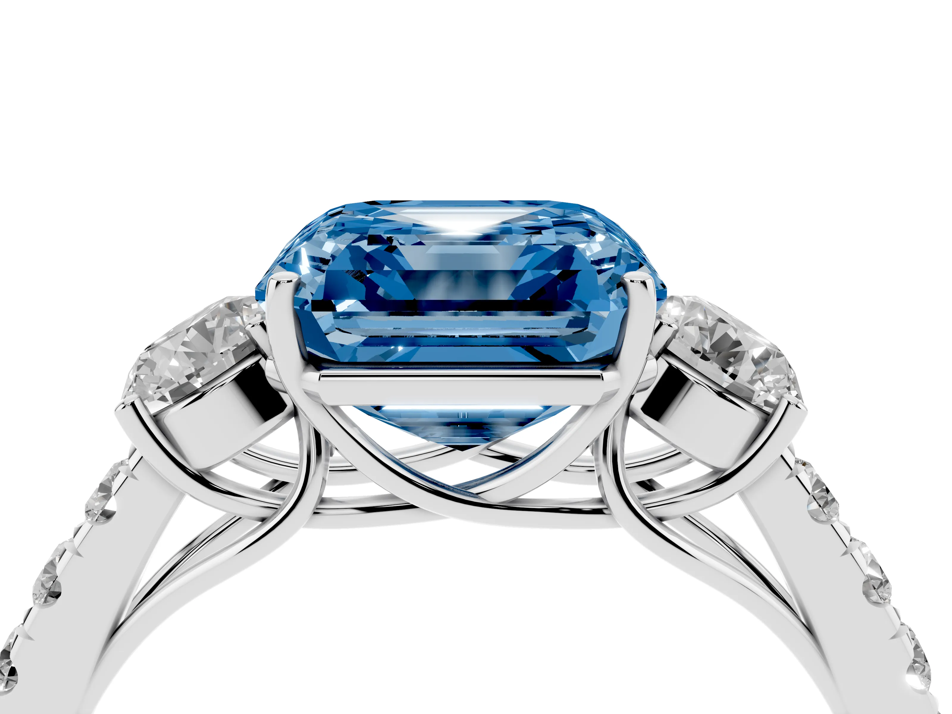 Fancy Blue Asscher Cut Diamond Three-Stone Ring Set in Silver with Round Side Stones and Delicate Pavé Band