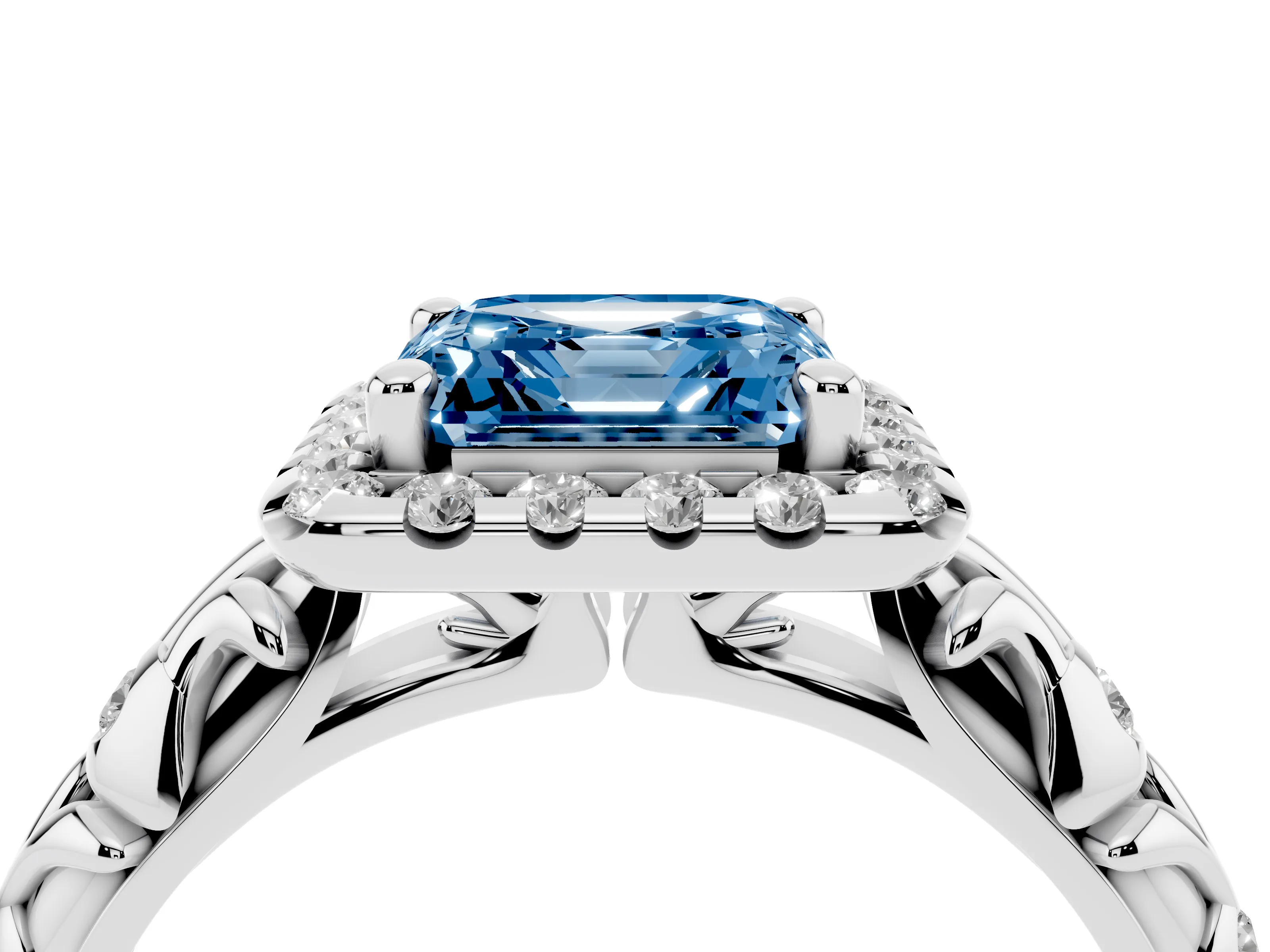 Fancy Blue Asscher Cut Diamond Halo Ring Set in White gold with Filigree Leaf Band and Prong Setting