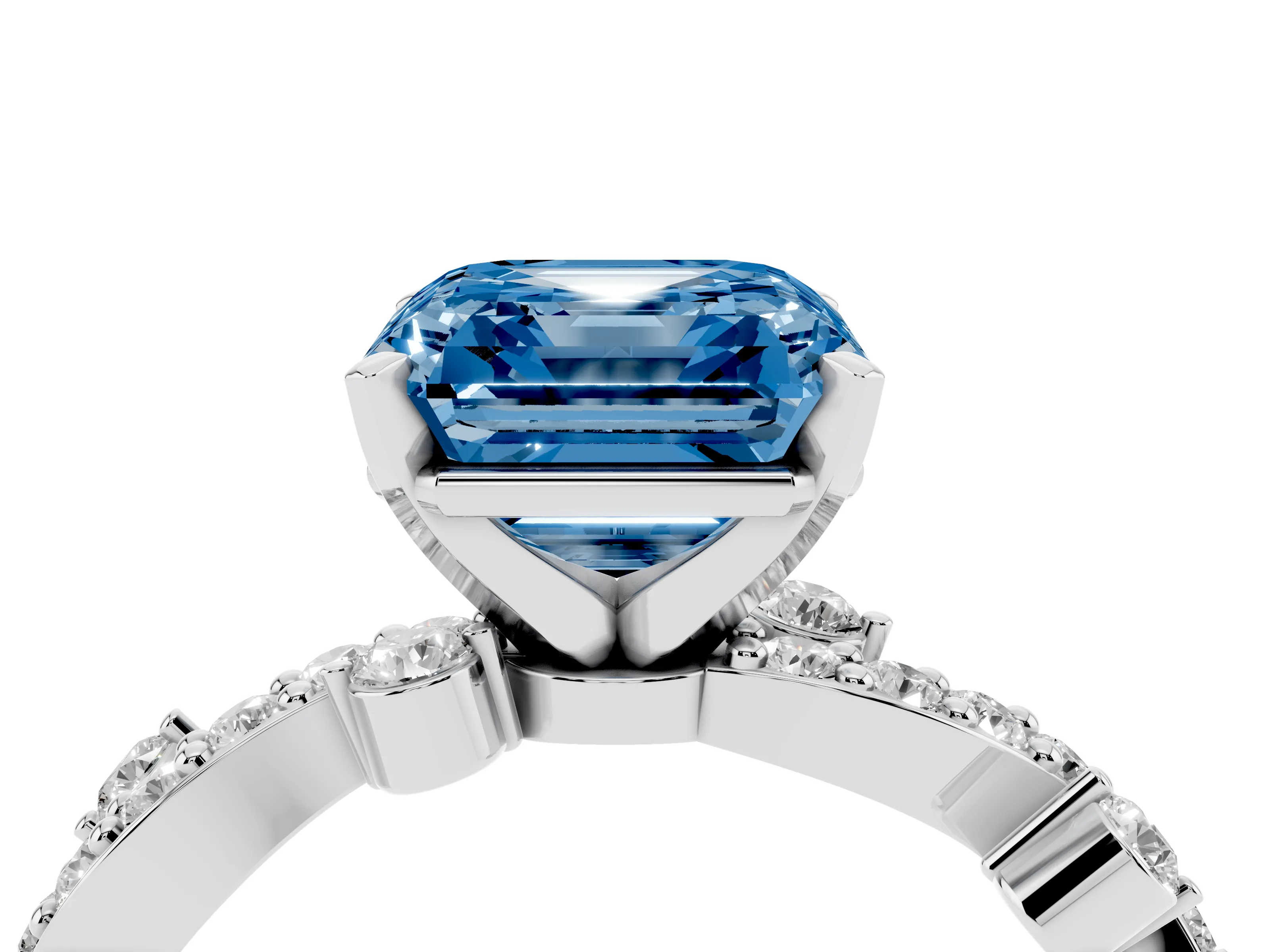 Fancy Blue Asscher Cut Diamond Solitaire Twisted Band Set in White gold with Pavé Setting