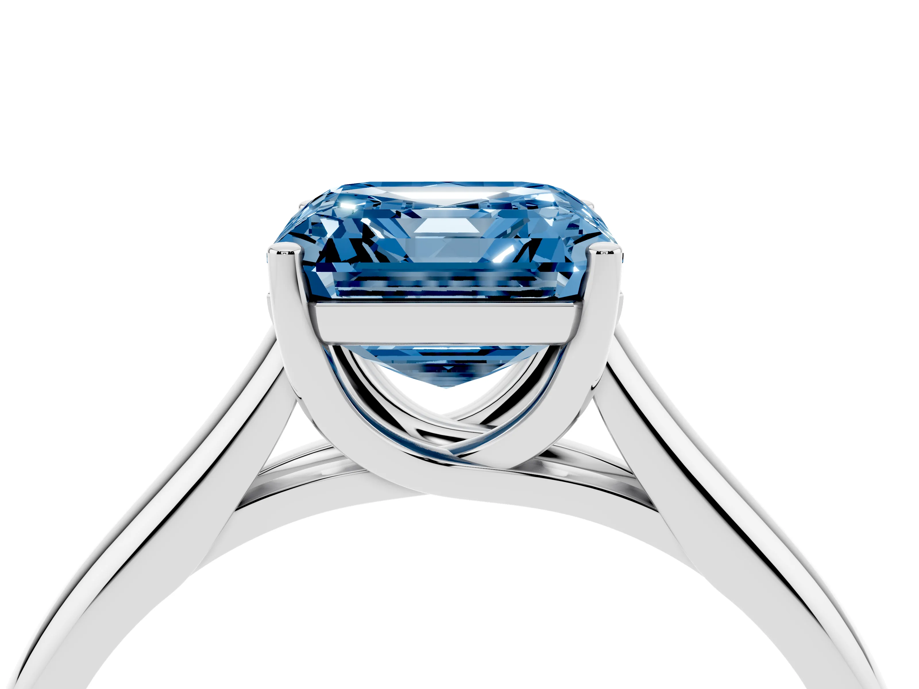 Fancy Blue Asscher Cut Diamond Solitaire Engagement Ring Set in Platinum with Subtly Tapered Band and Prong Setting
