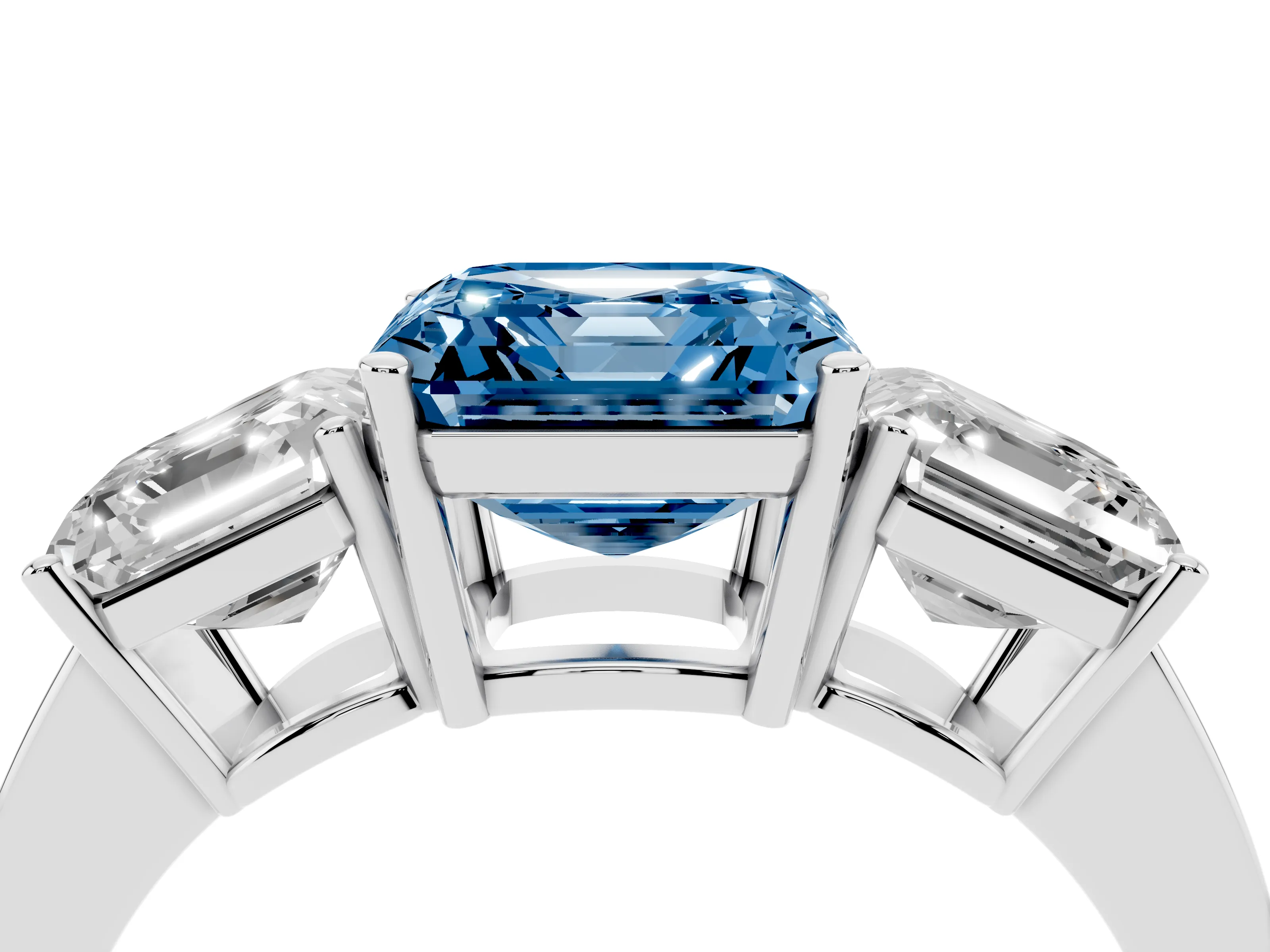 Fancy Blue Asscher Cut Diamond Three-Stone Engagement Ring Set in Platinum with Flat Band