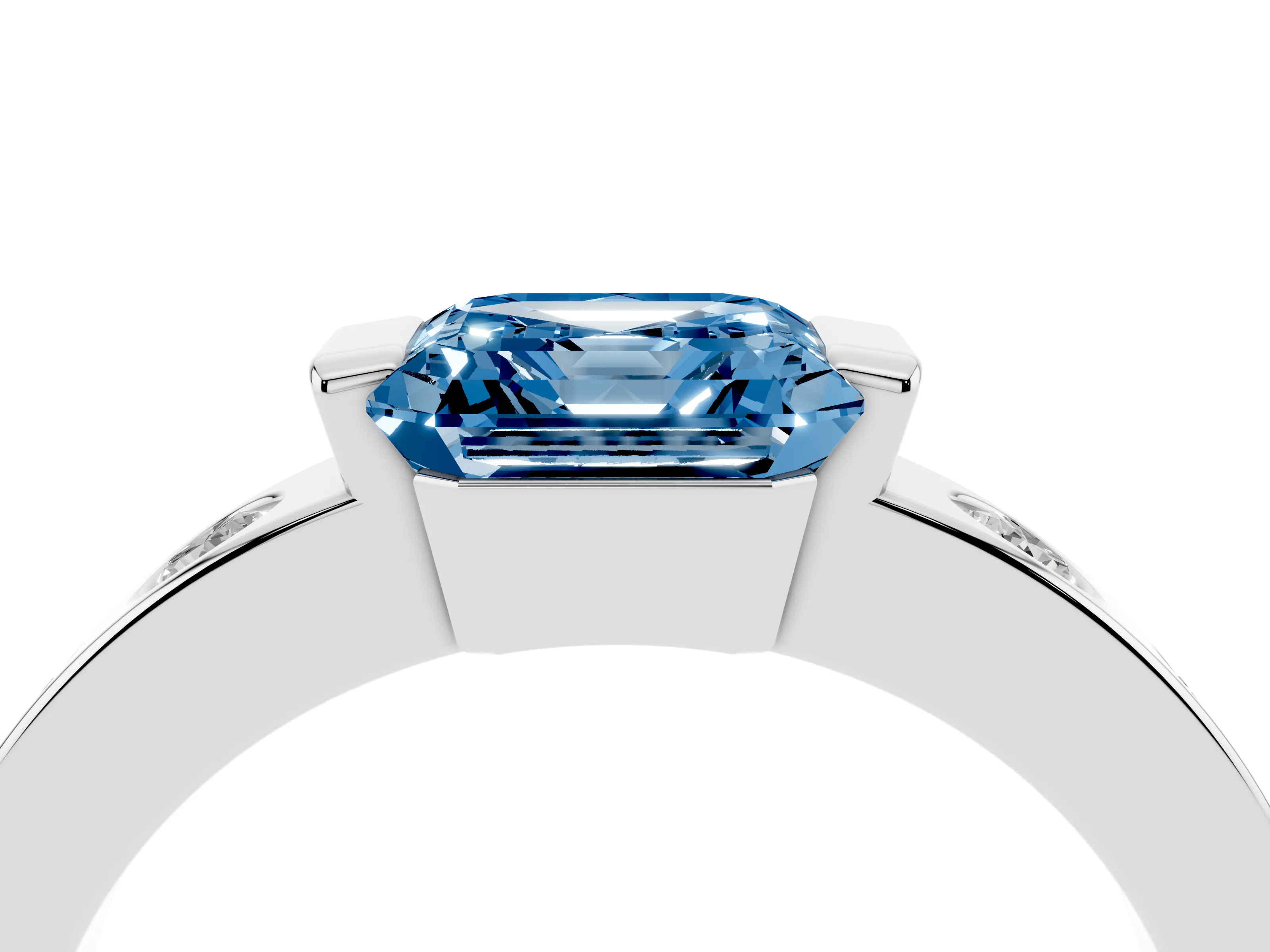 Fancy Blue Asscher Cut Diamond Channel-Set Band Ring Set in White gold with Bezel Prong Setting
