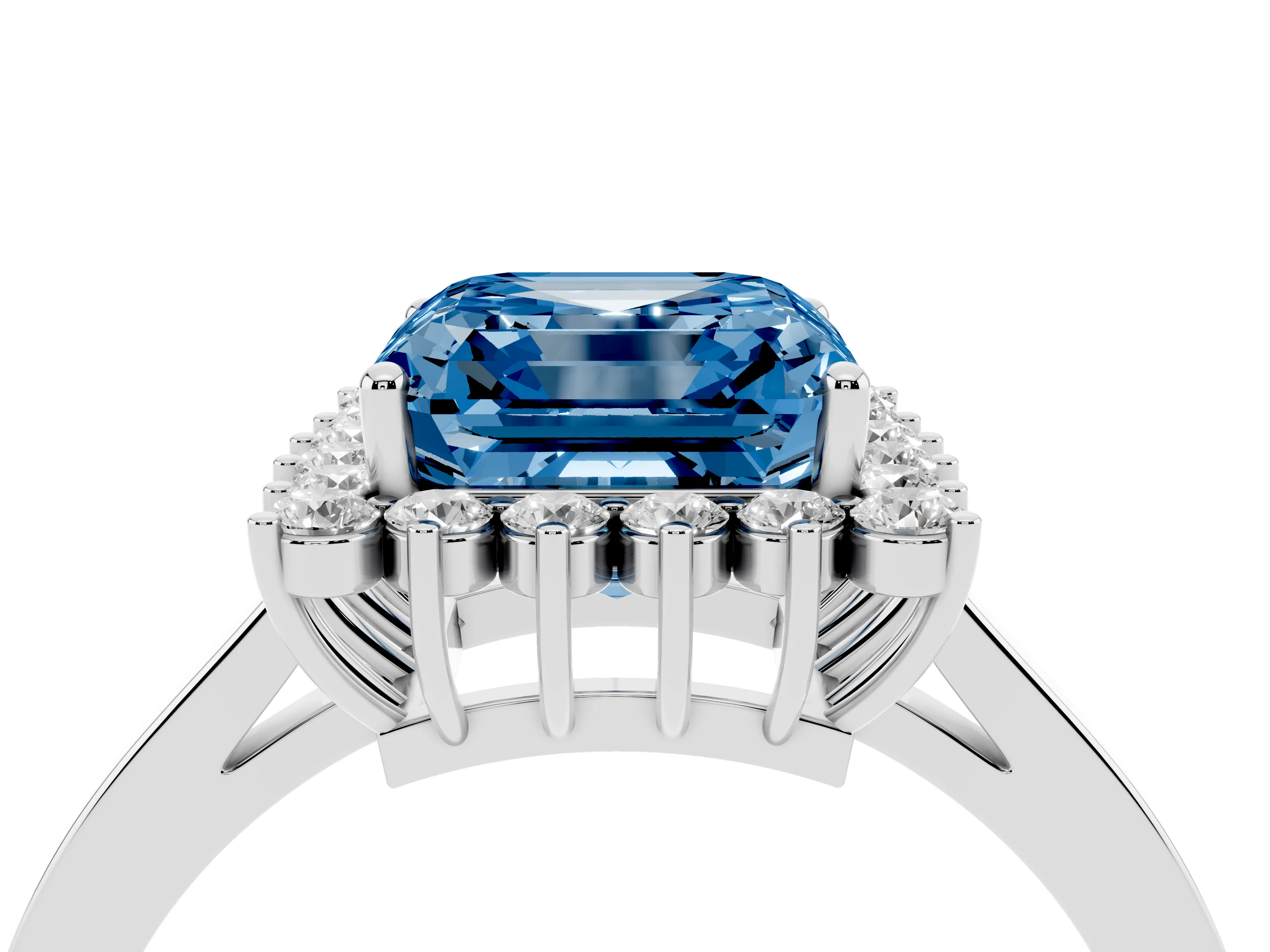 Fancy Blue Asscher Cut Diamond Halo Ring Set in Platinum with Round Halo and Smooth Solitaire Band
