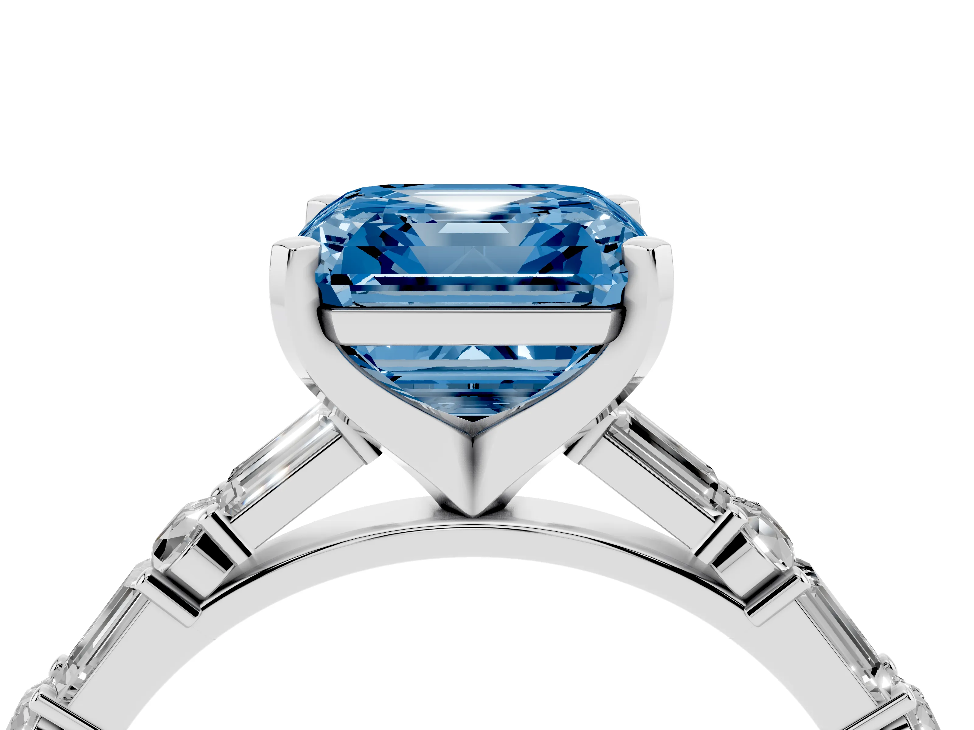Fancy Blue Asscher Cut Diamond Solitaire Set in Platinum with Side Baguettes and Channel Set Band