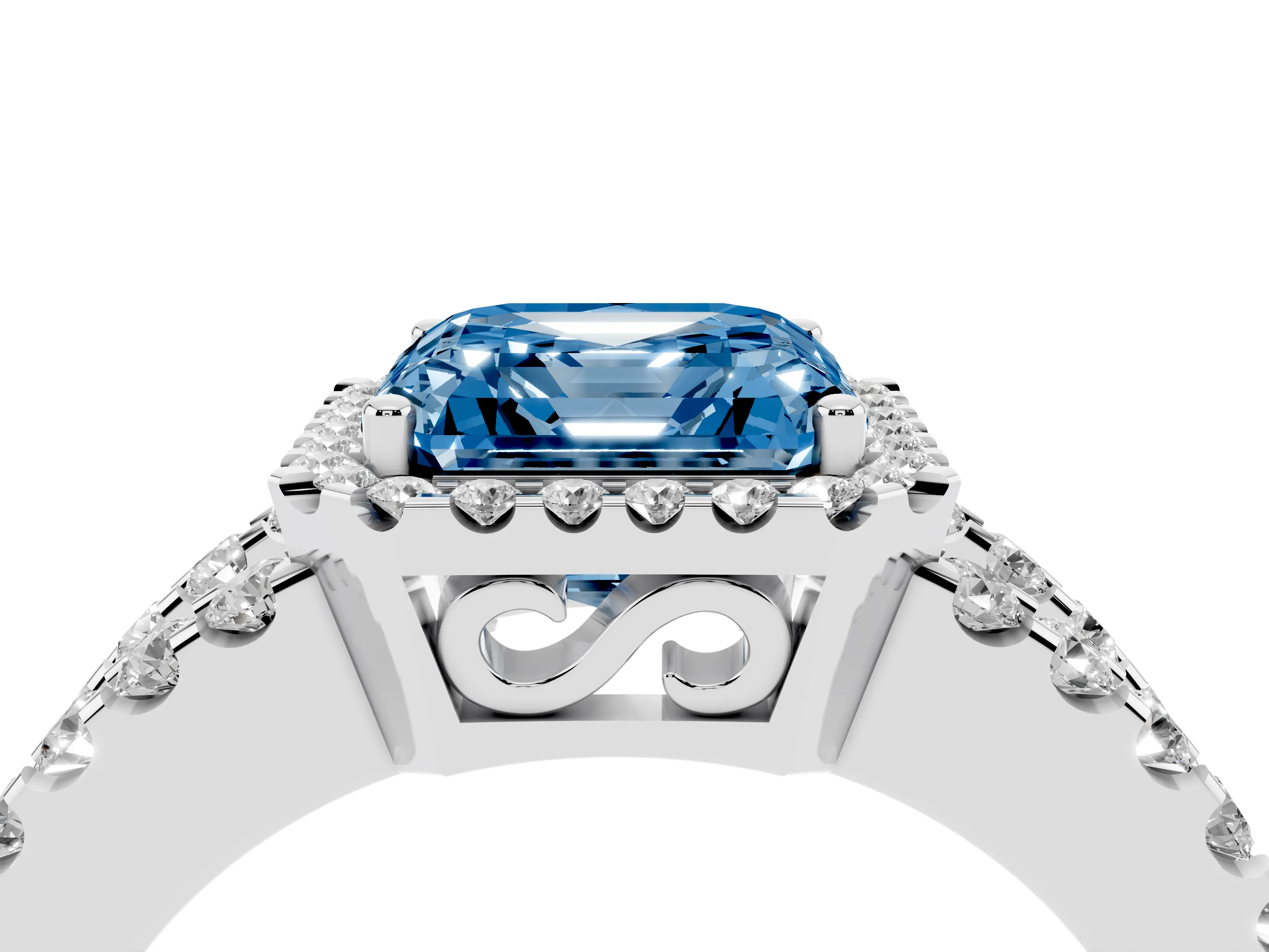 Fancy Blue Asscher Cut Diamond Halo Ring Set in Platinum with Pavé Split Shank and Prong Setting