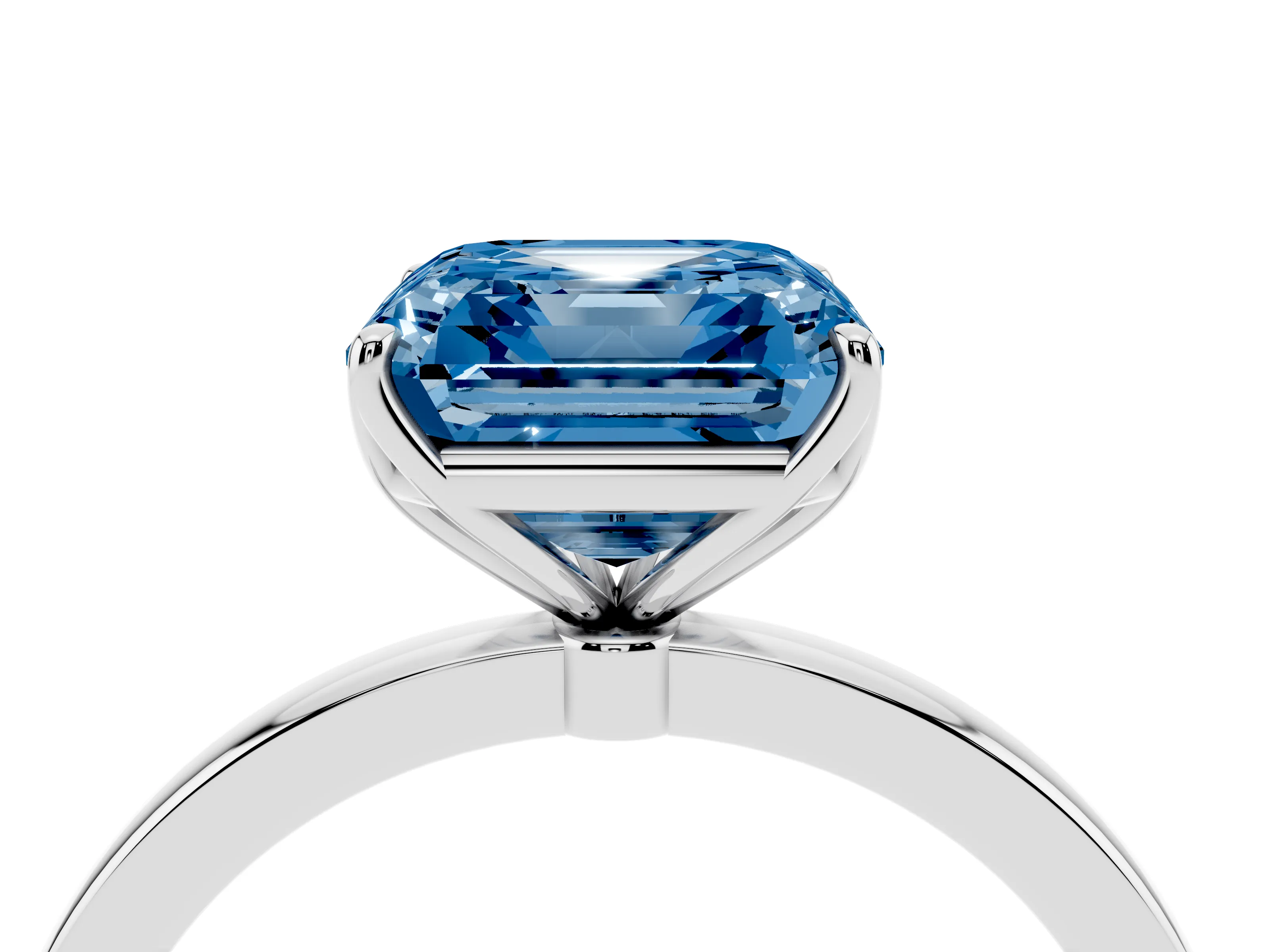 Fancy Blue Asscher Cut Diamond Solitaire Ring Set in Silver with Prong Setting and Thin Polished Band
