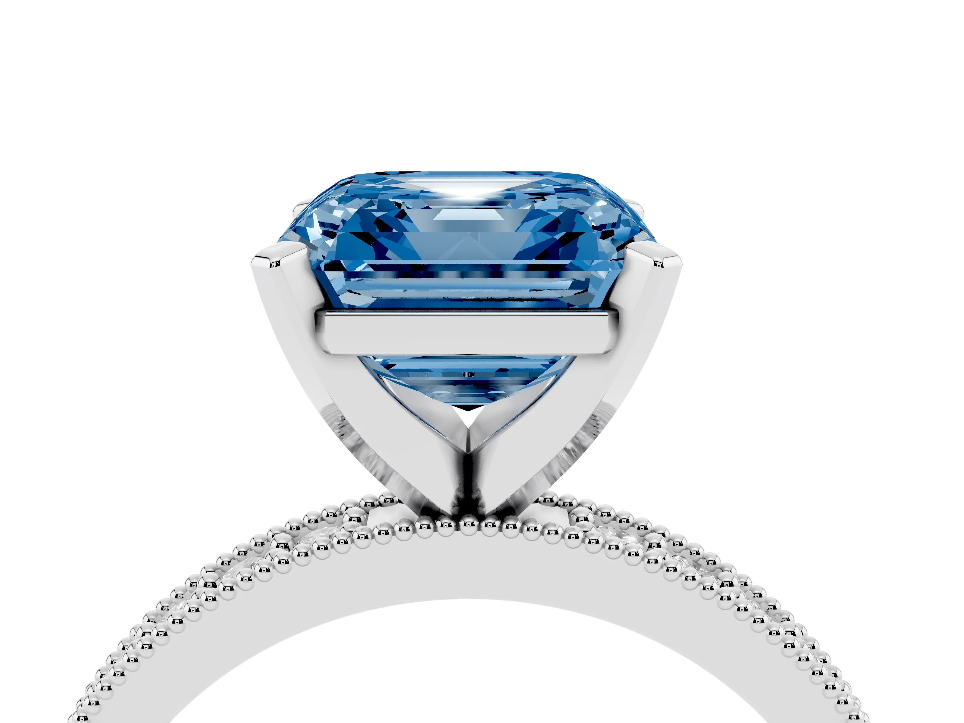 Fancy Blue Asscher Cut Diamond Milgrain Pavé Engagement Ring Set in Silver with Prong Setting