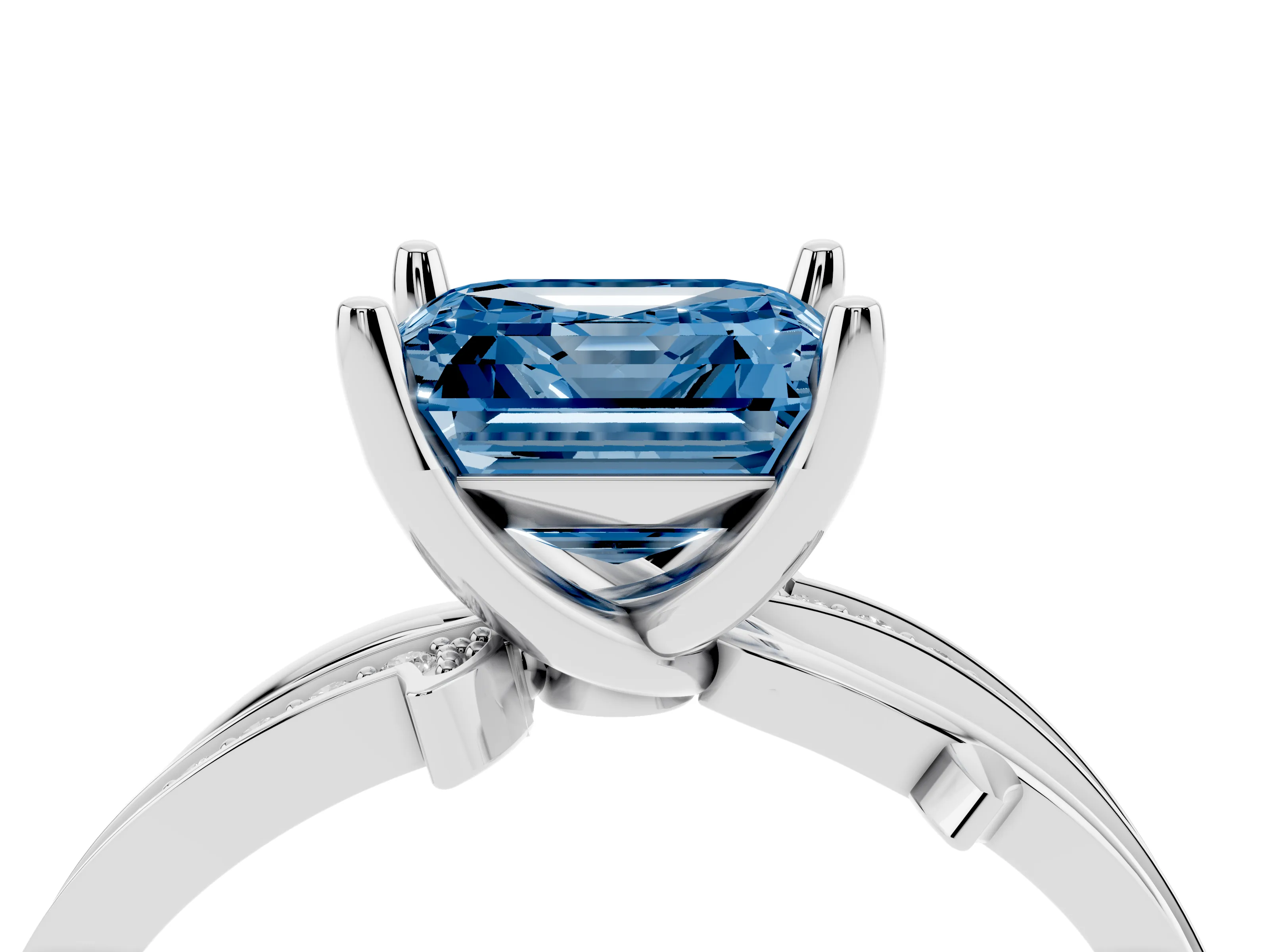 Fancy Blue Asscher Cut Diamond Pavé Twist Band Solitaire Ring Set in White gold with Prong Setting