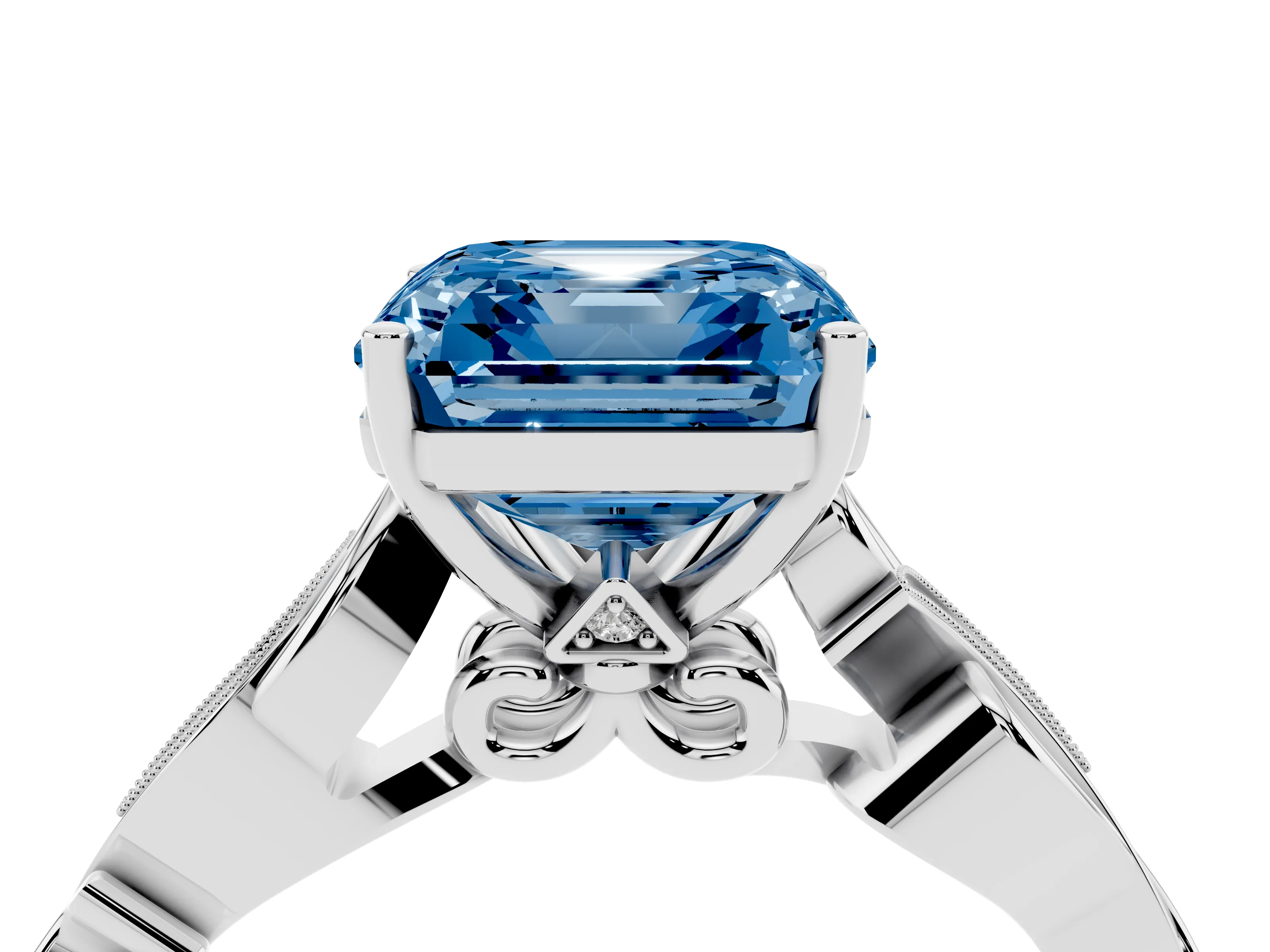 Fancy Blue Asscher Cut Diamond Vine Band Solitaire Ring Set in Platinum with Milgrain Prong Setting