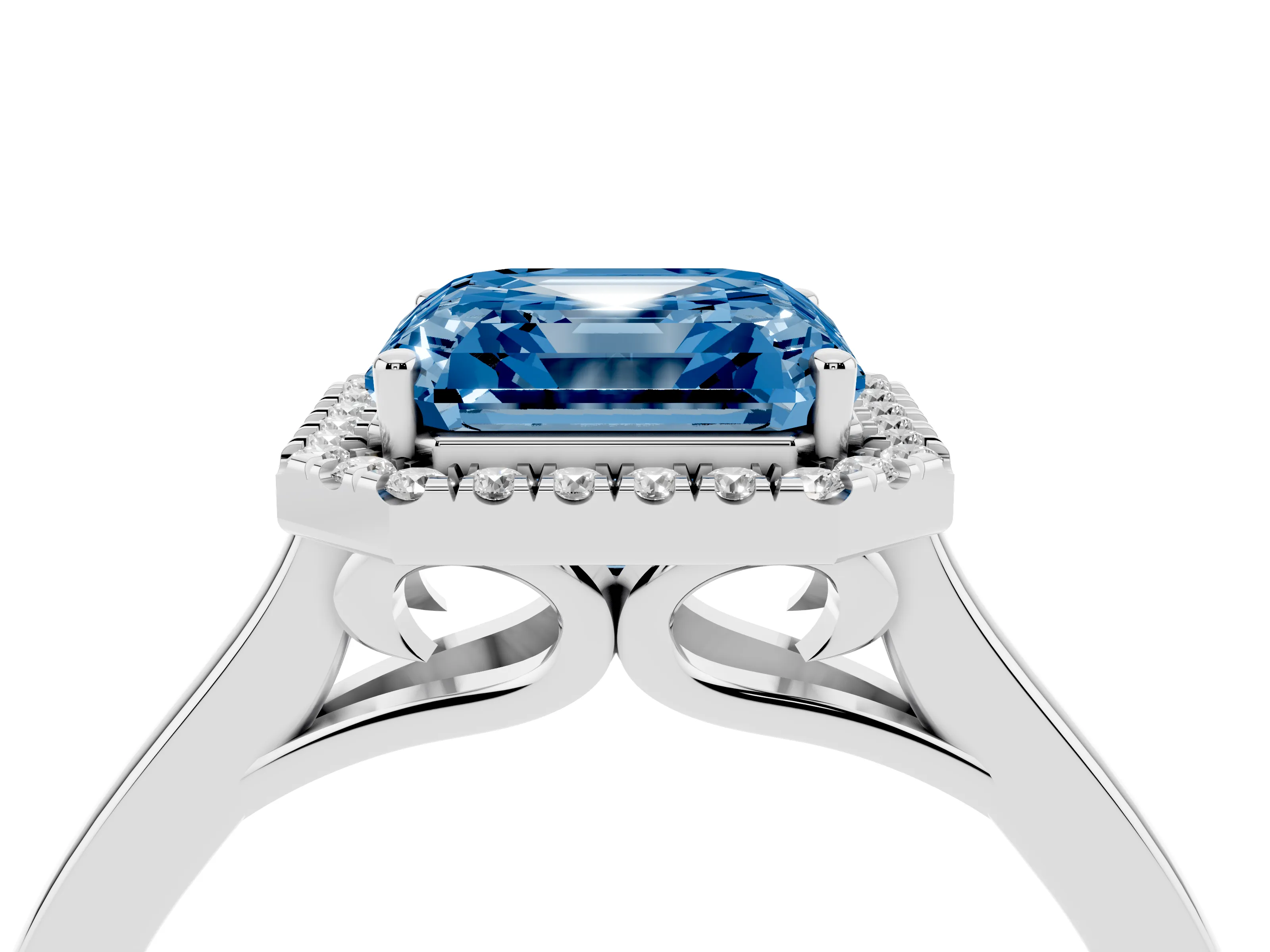 Fancy Blue Asscher Cut Halo Round Diamond Solitaire Ring Set in Platinum with Pavé Band and Prong Setting