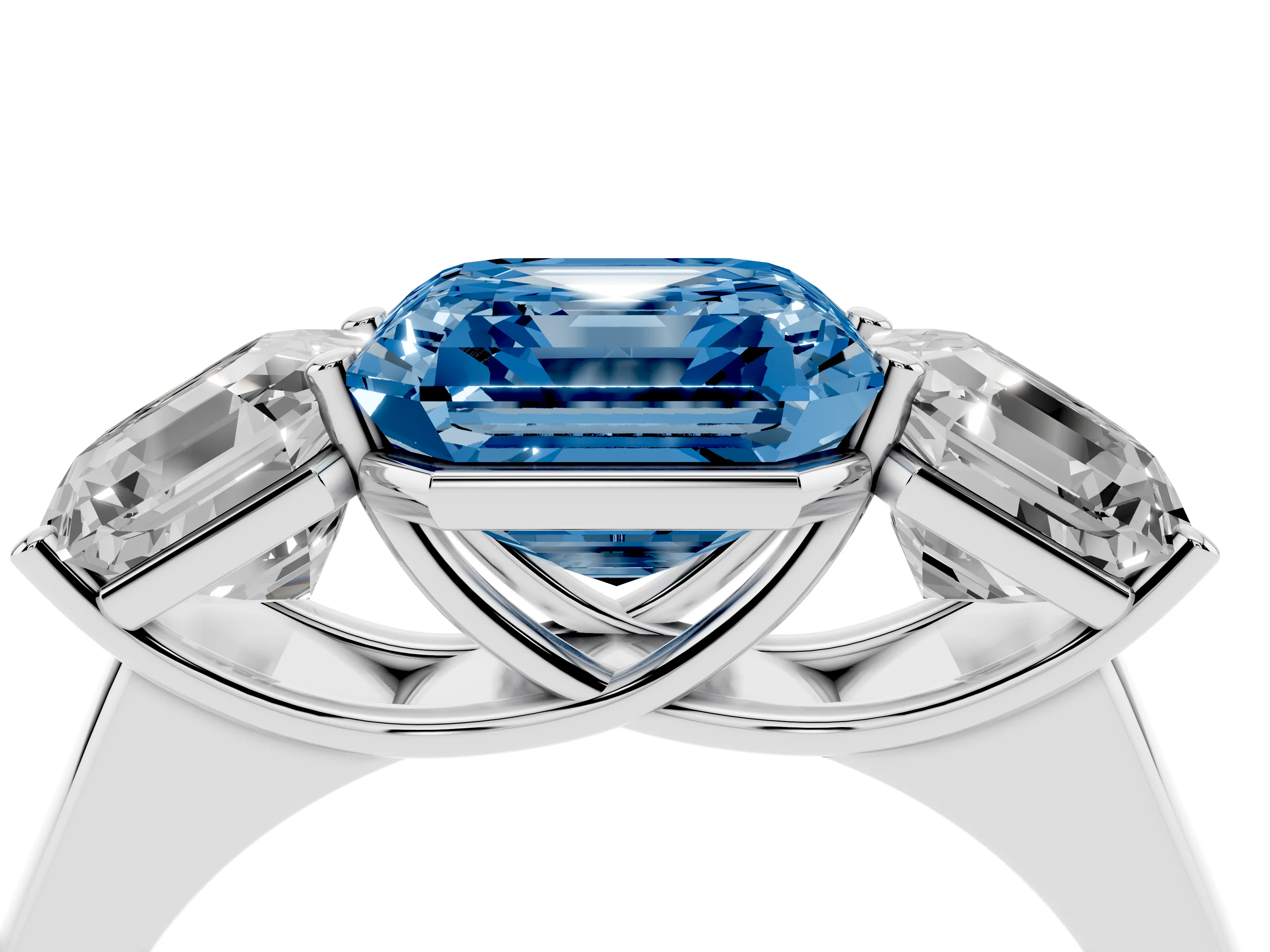 Fancy Blue Asscher Cut Diamond Three-Stone Ring Set in White gold with Plain Polished Band