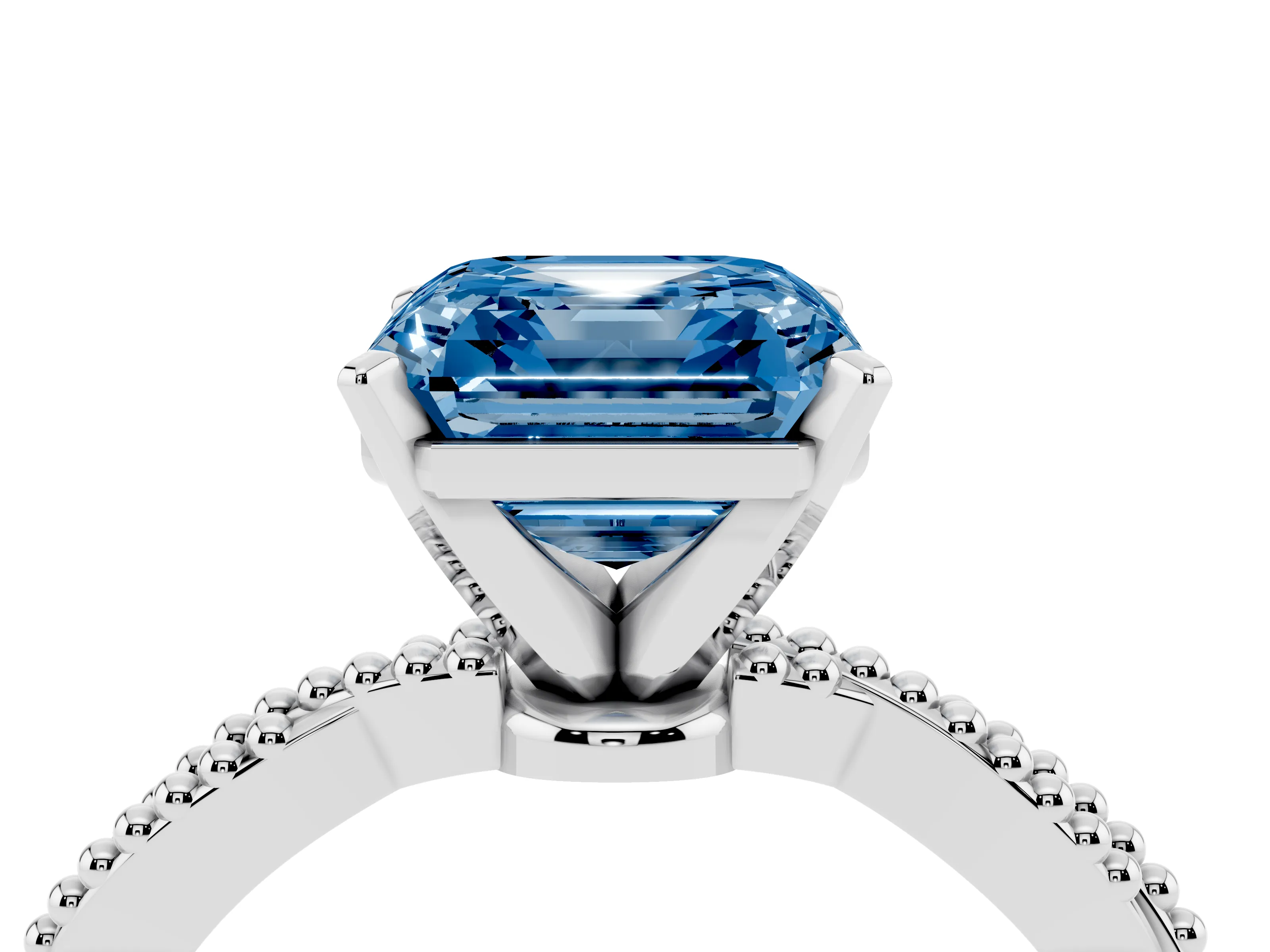 Fancy Blue Asscher Cut Diamond Solitaire Ring Set in Silver with Twisted Band and Bead Prong Setting