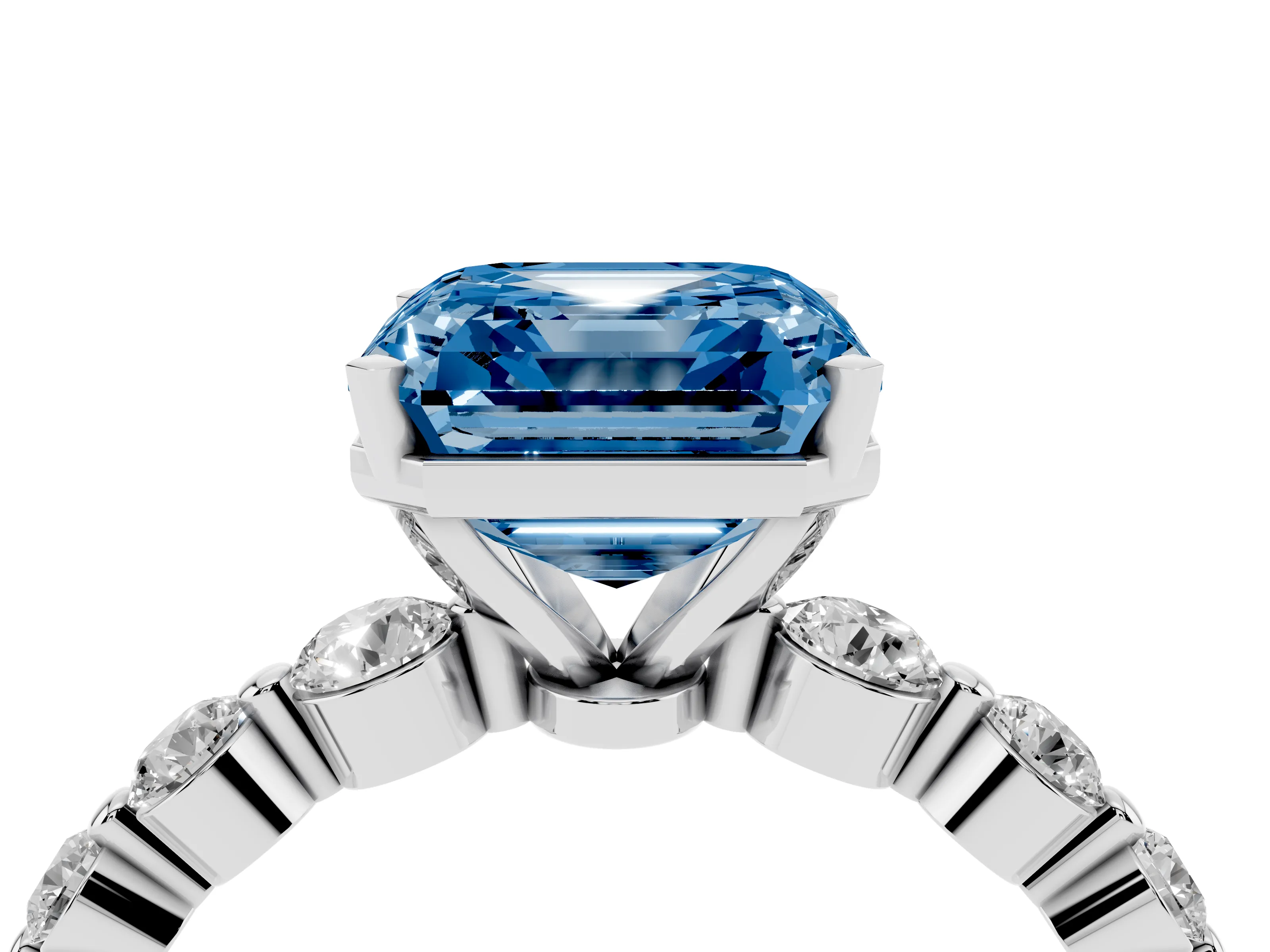 Fancy Blue Asscher Cut Diamond Solitaire Ring Set in Platinum with Pavé Band and Prong Setting