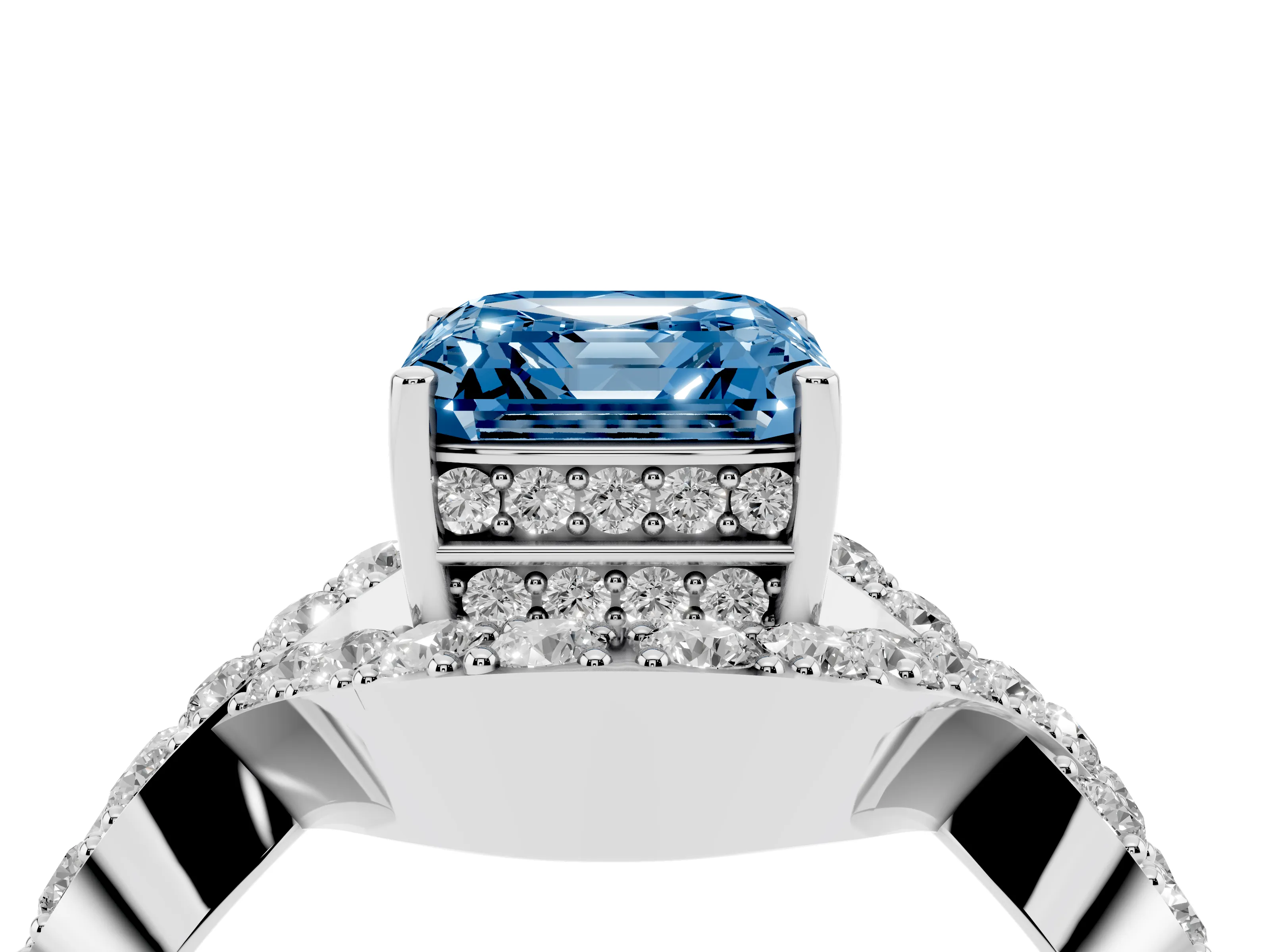 Fancy Blue Asscher Cut Diamond Solitaire Twist Band Pavé Engagement Ring Set in Platinum